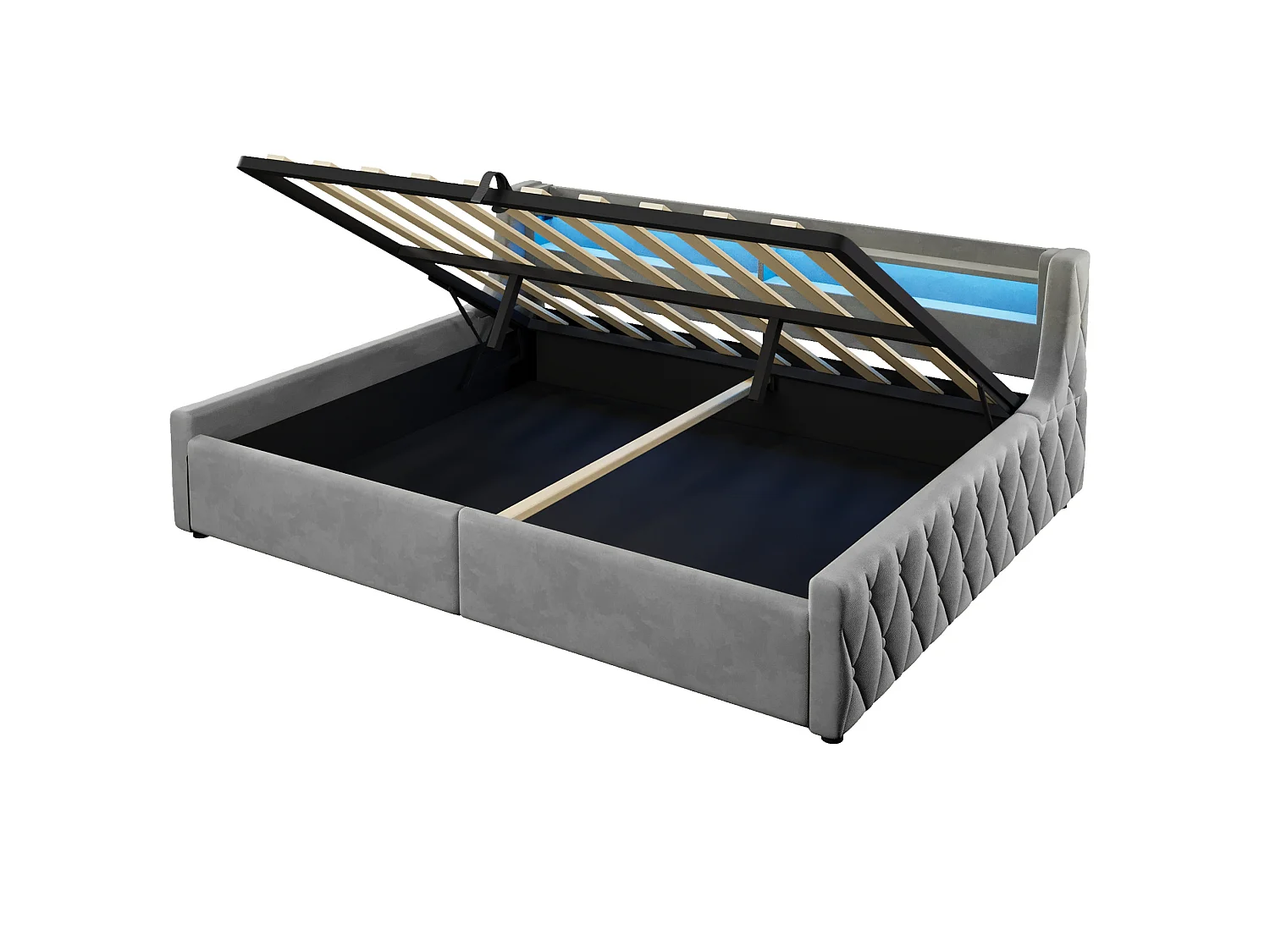 Lit coffre adulte 140x200 cm avec sommier à lattes et LED - Lit banquette en tissu gris