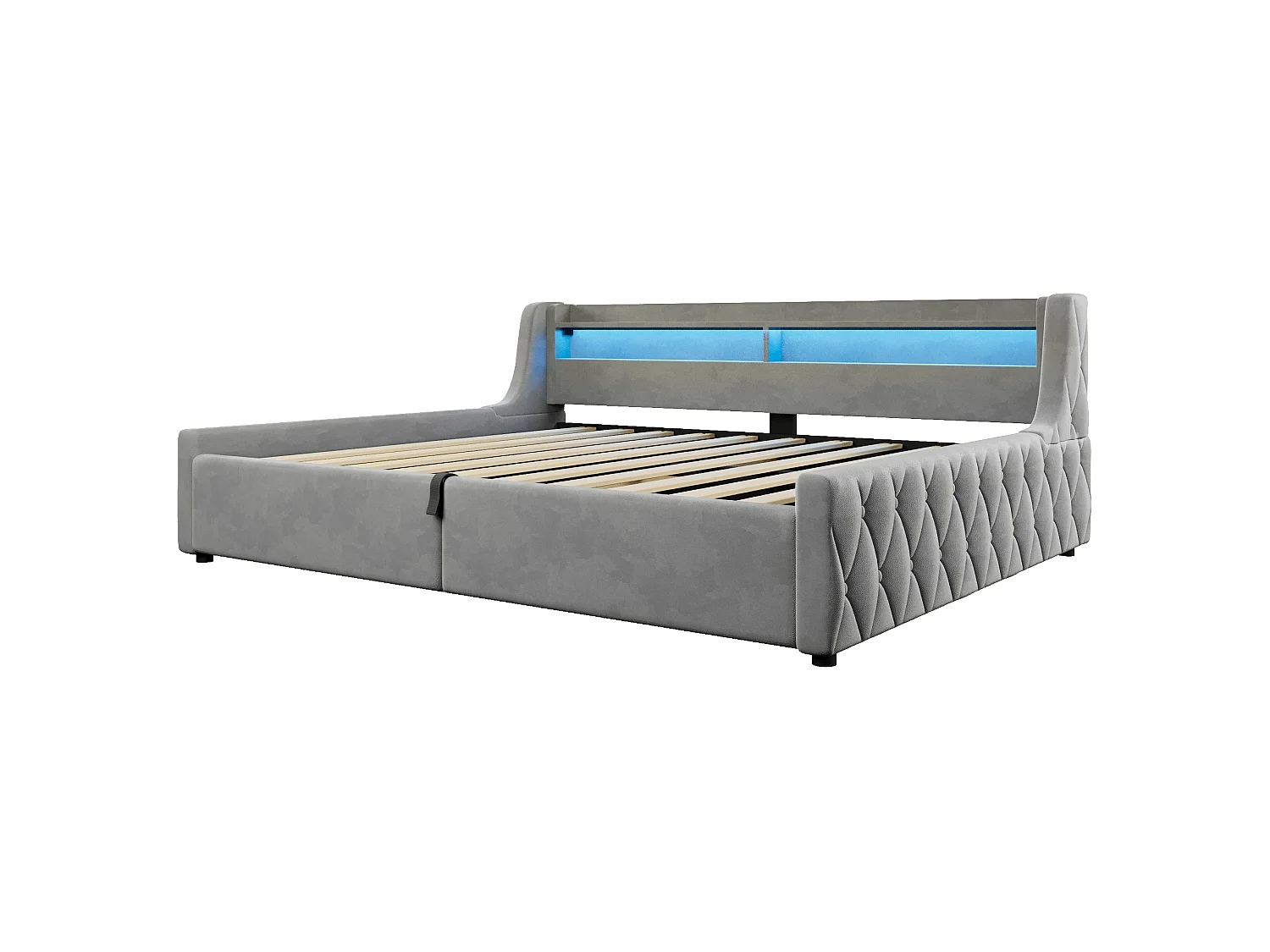 Lit coffre adulte 140x200 cm avec sommier à lattes et LED - Lit banquette en tissu gris