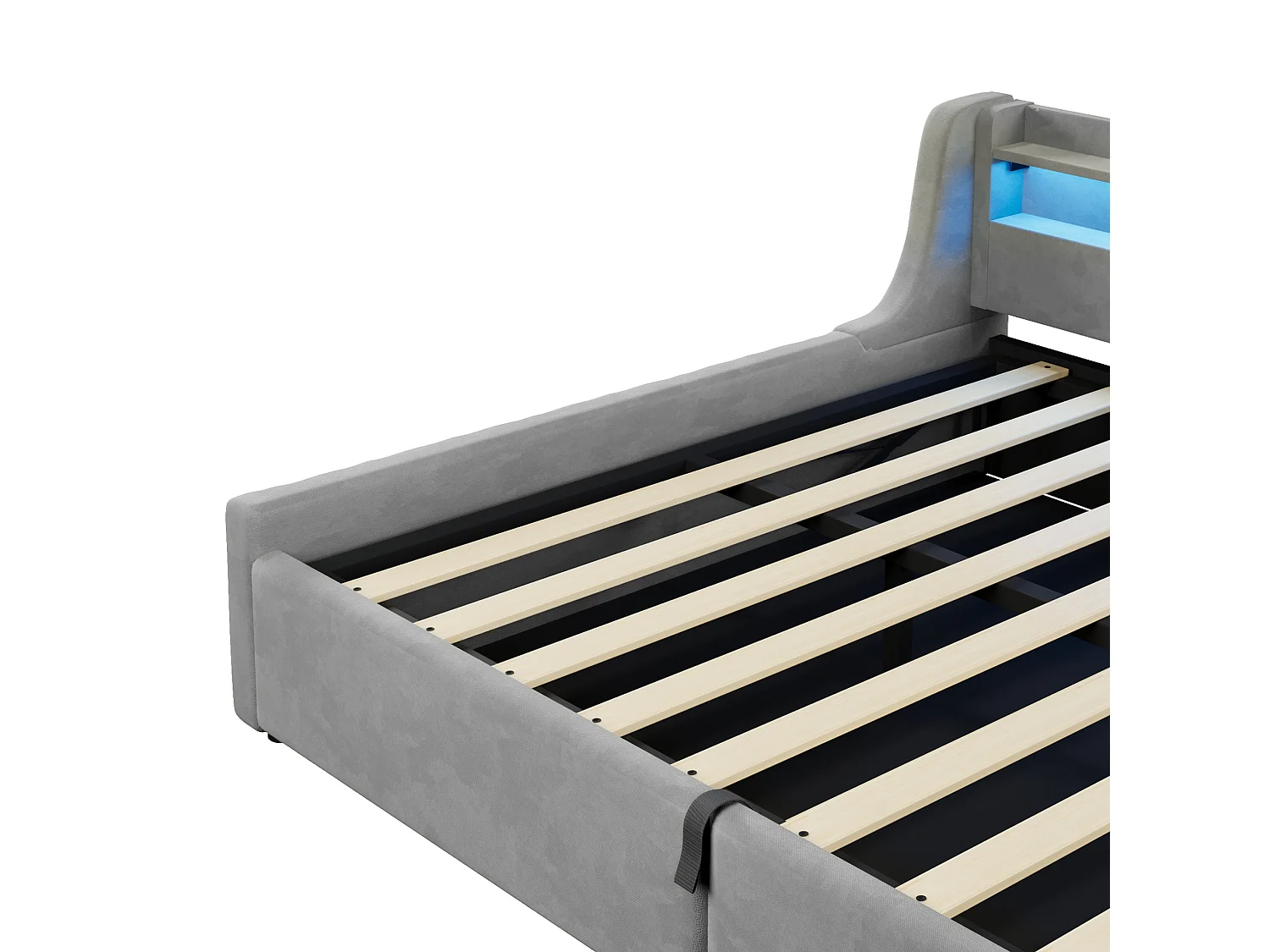 Lit coffre adulte 140x200 cm avec sommier à lattes et LED - Lit banquette en tissu gris