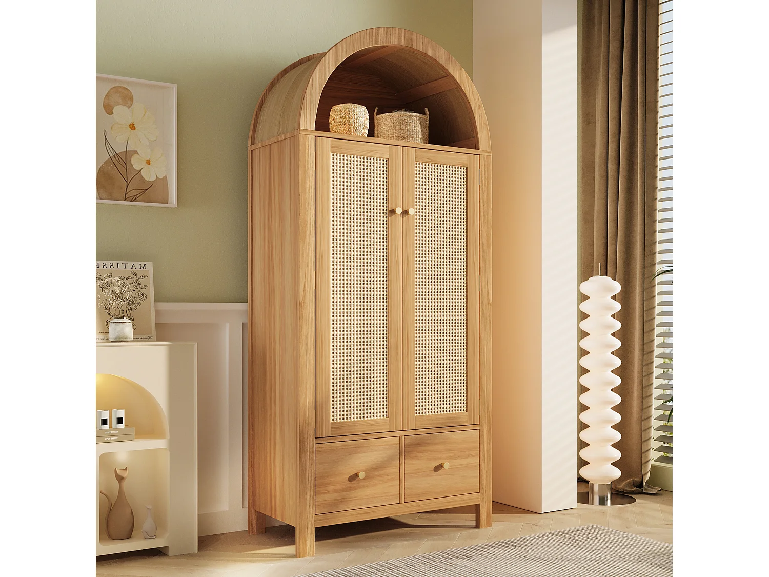 Armoire en chêne clair 181 cm, avec portes en rotin, 2 tiroirs, penderie, design scandinave