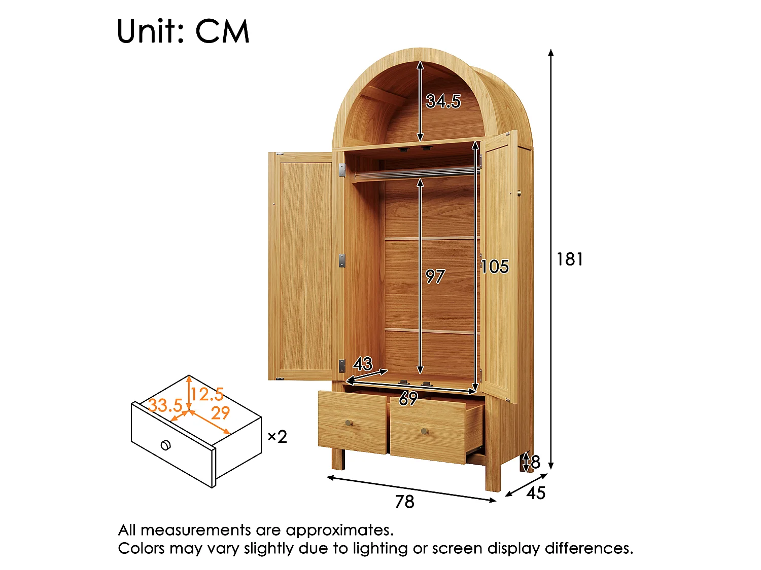 Armoire en chêne clair 181 cm, avec portes en rotin, 2 tiroirs, penderie, design scandinave