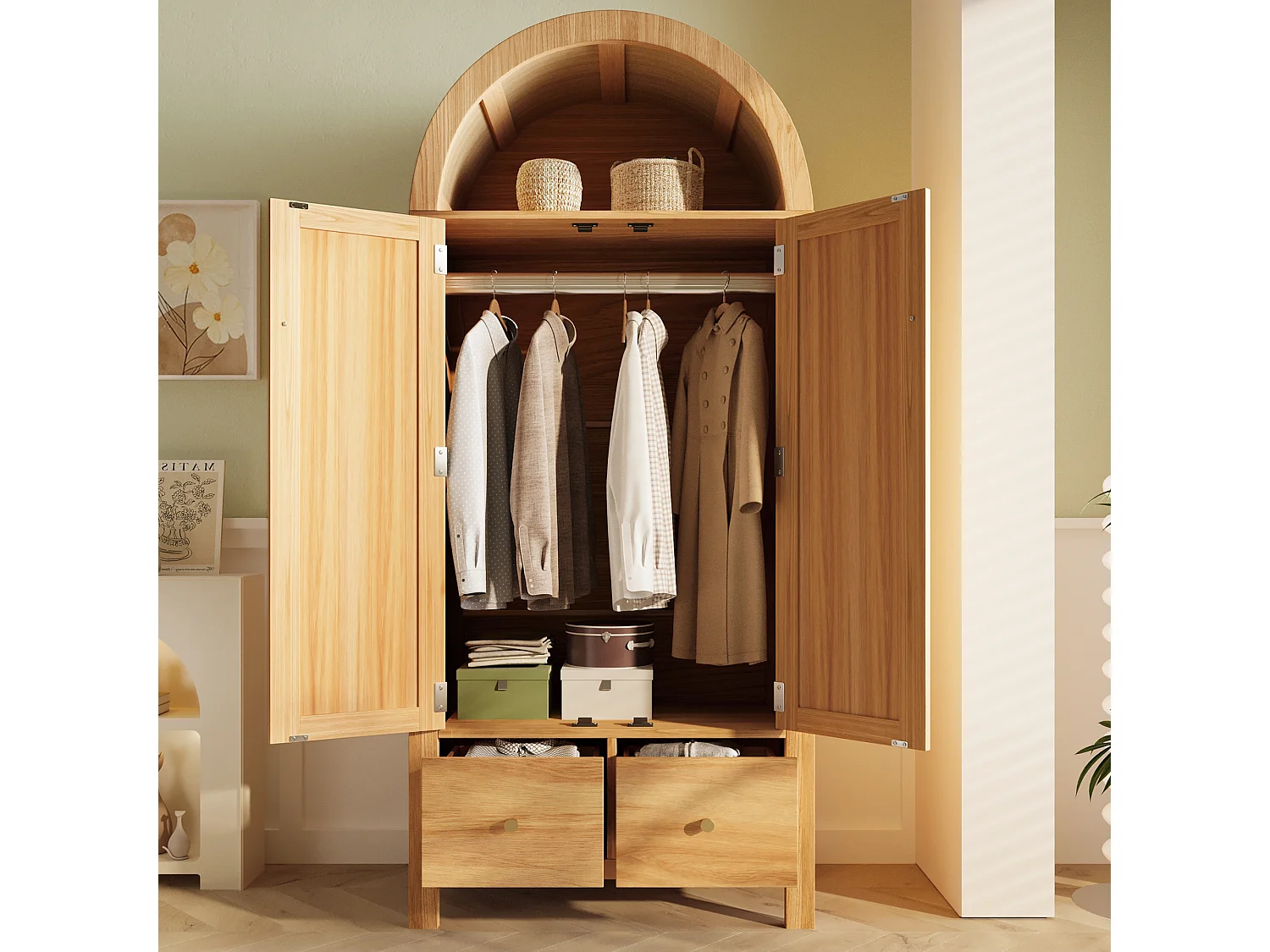 Armoire en chêne clair 181 cm, avec portes en rotin, 2 tiroirs, penderie, design scandinave