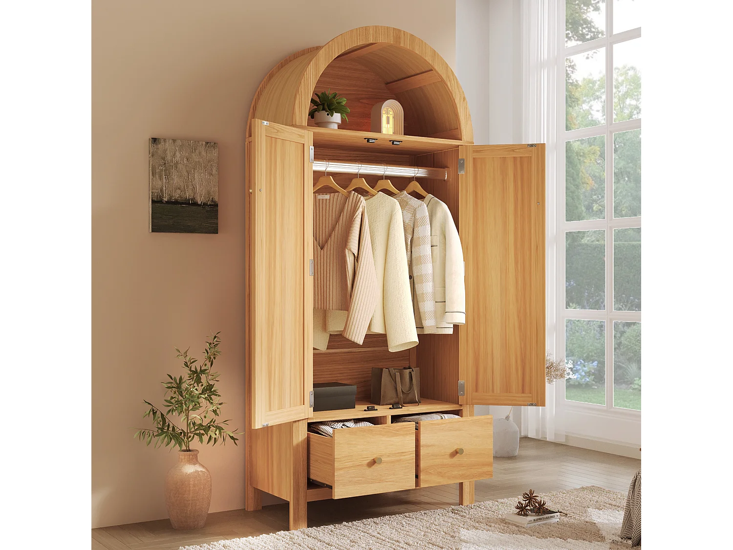 Armoire en chêne clair 181 cm, avec portes en rotin, 2 tiroirs, penderie, design scandinave