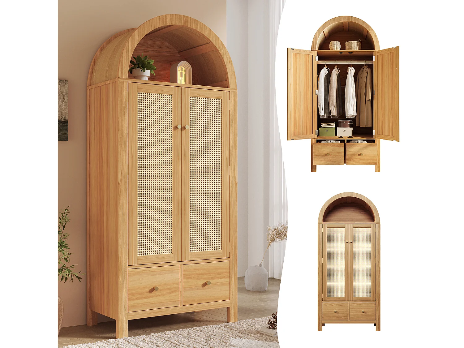 Armoire en chêne clair 181 cm, avec portes en rotin, 2 tiroirs, penderie, design scandinave
