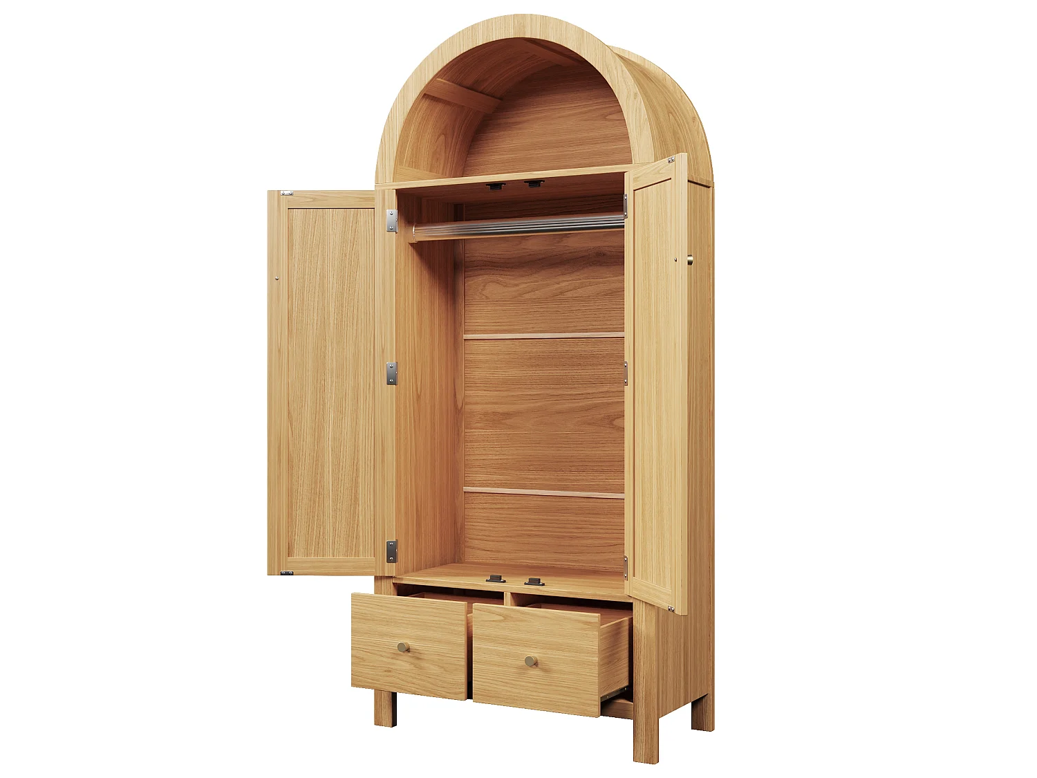 Armoire en chêne clair 181 cm, avec portes en rotin, 2 tiroirs, penderie, design scandinave