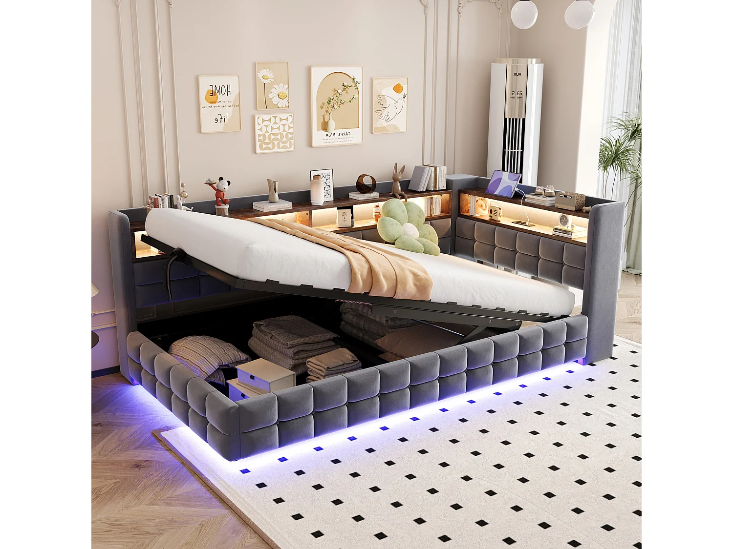 Lit coffre enfant 90x200 cm en velours avec LED et prise - Gris foncé