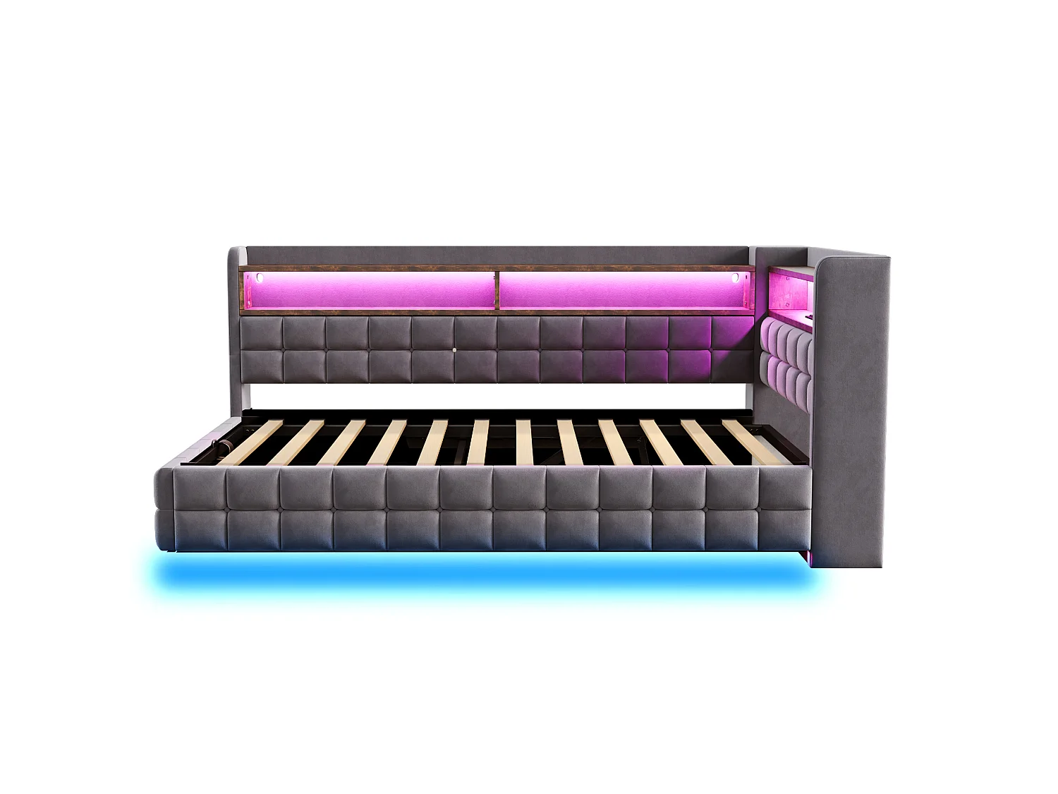 Lit coffre enfant 90x200 cm en velours avec LED et prise - Gris foncé
