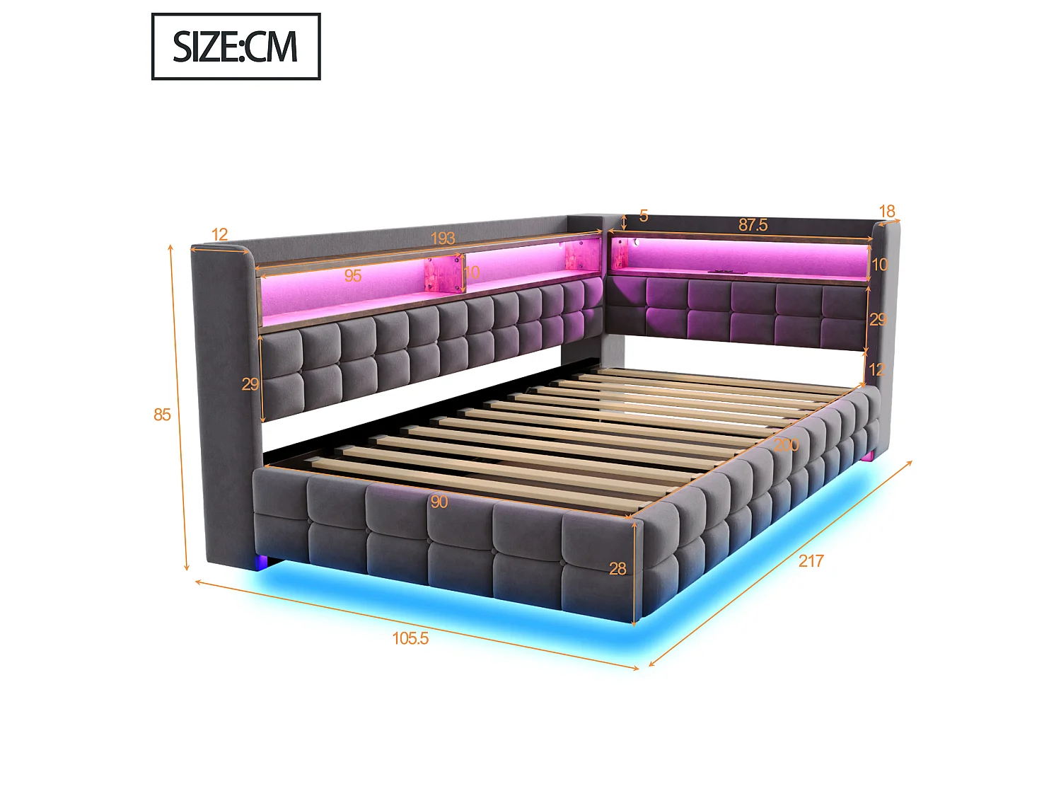 Lit coffre enfant 90x200 cm en velours avec LED et prise - Gris foncé