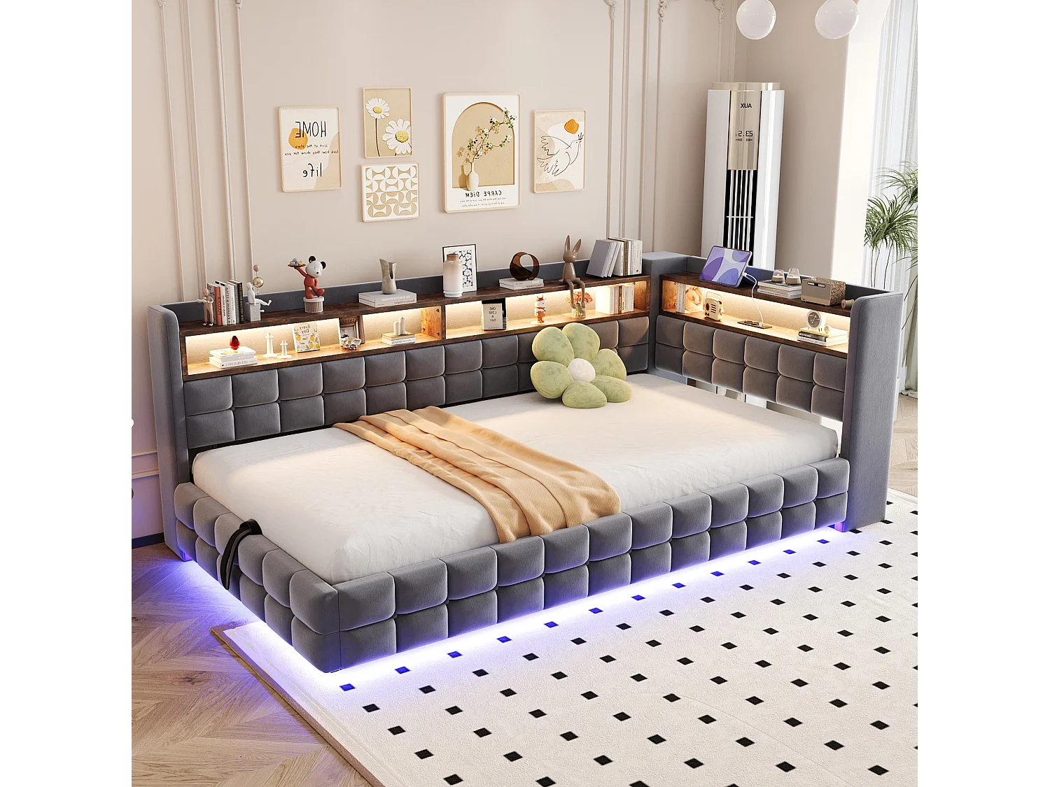 Lit coffre enfant 90x200 cm en velours avec LED et prise - Gris foncé