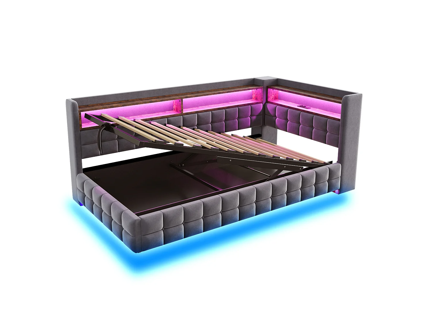 Lit coffre enfant 90x200 cm en velours avec LED et prise - Gris foncé