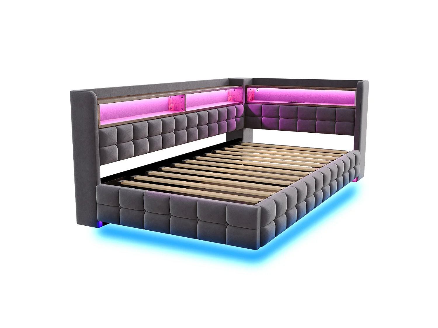 Lit coffre enfant 90x200 cm en velours avec LED et prise - Gris foncé