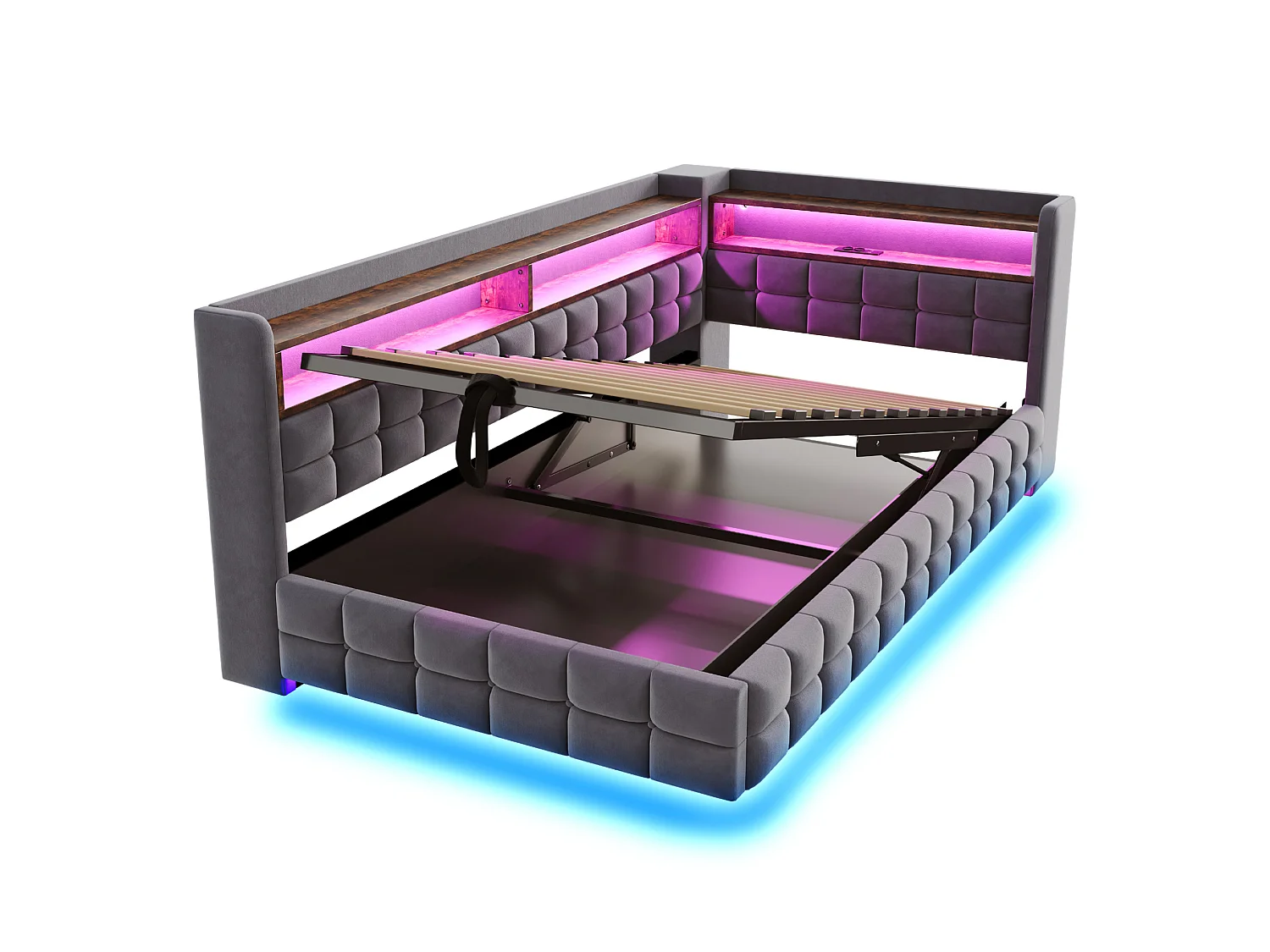Lit coffre enfant 90x200 cm en velours avec LED et prise - Gris foncé
