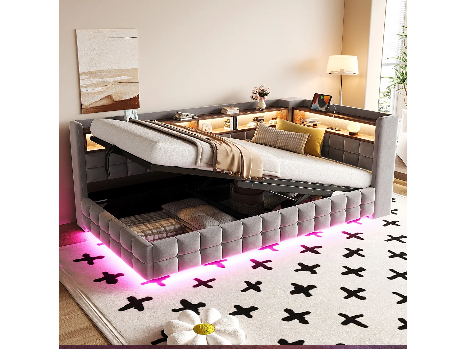 Letto contenitore per bambini 90x200 cm in velluto con illuminazione a LED e presa di corrente - Grigio chiaro