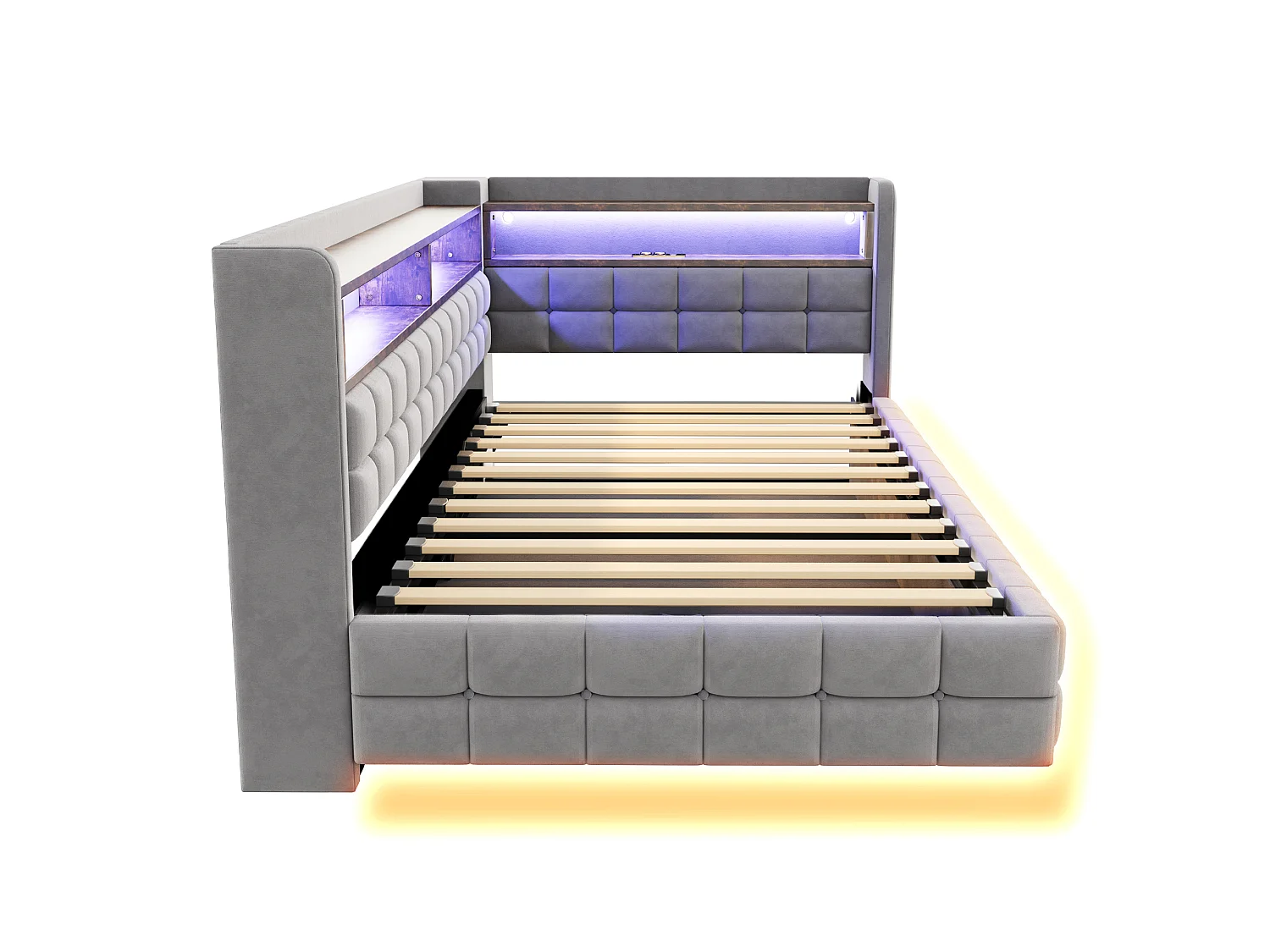 Letto contenitore per bambini 90x200 cm in velluto con illuminazione a LED e presa di corrente - Grigio chiaro