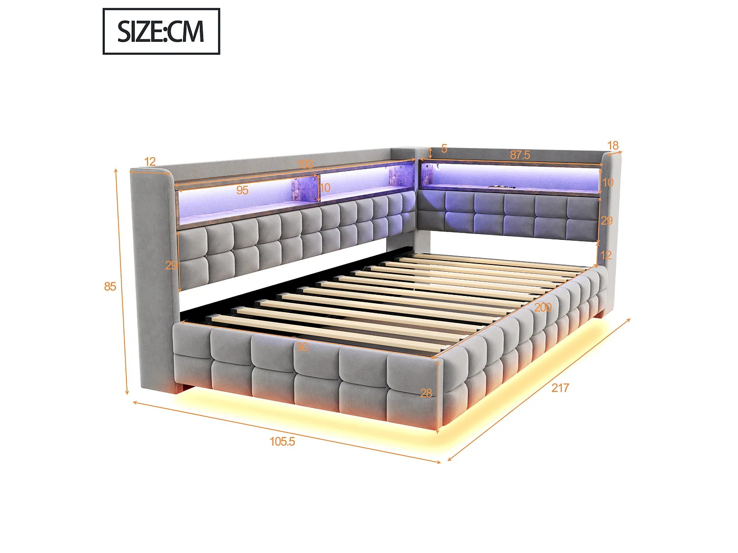 Letto contenitore per bambini 90x200 cm in velluto con illuminazione a LED e presa di corrente - Grigio chiaro