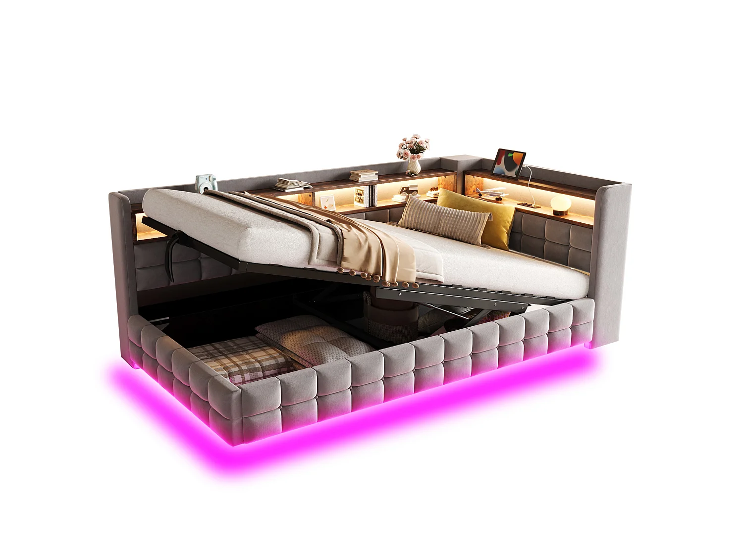 Letto contenitore per bambini 90x200 cm in velluto con illuminazione a LED e presa di corrente - Grigio chiaro