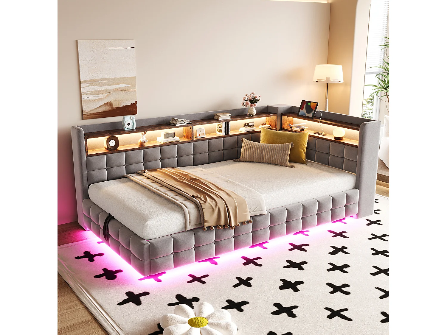 Letto contenitore per bambini 90x200 cm in velluto con illuminazione a LED e presa di corrente - Grigio chiaro
