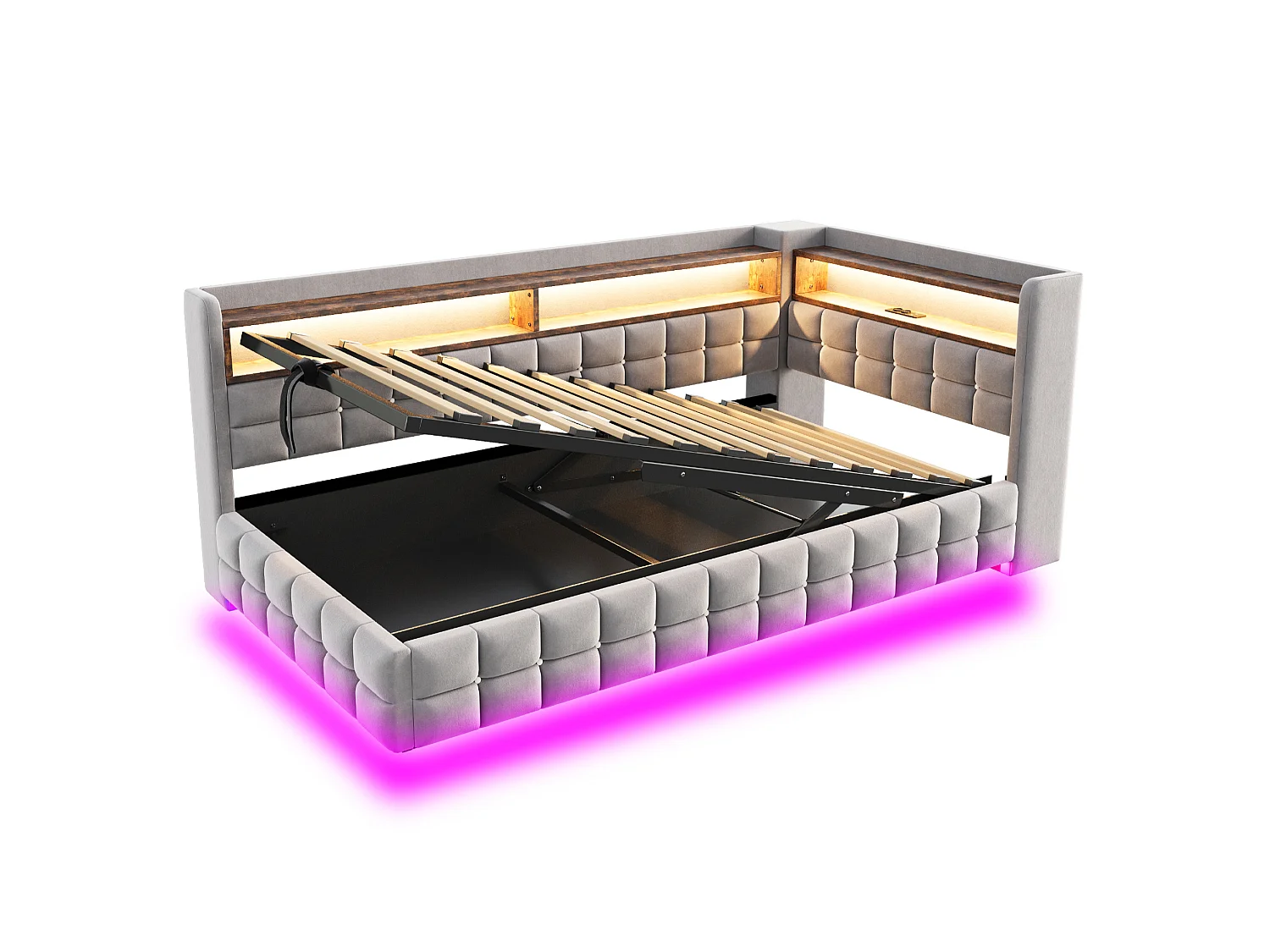Letto contenitore per bambini 90x200 cm in velluto con illuminazione a LED e presa di corrente - Grigio chiaro