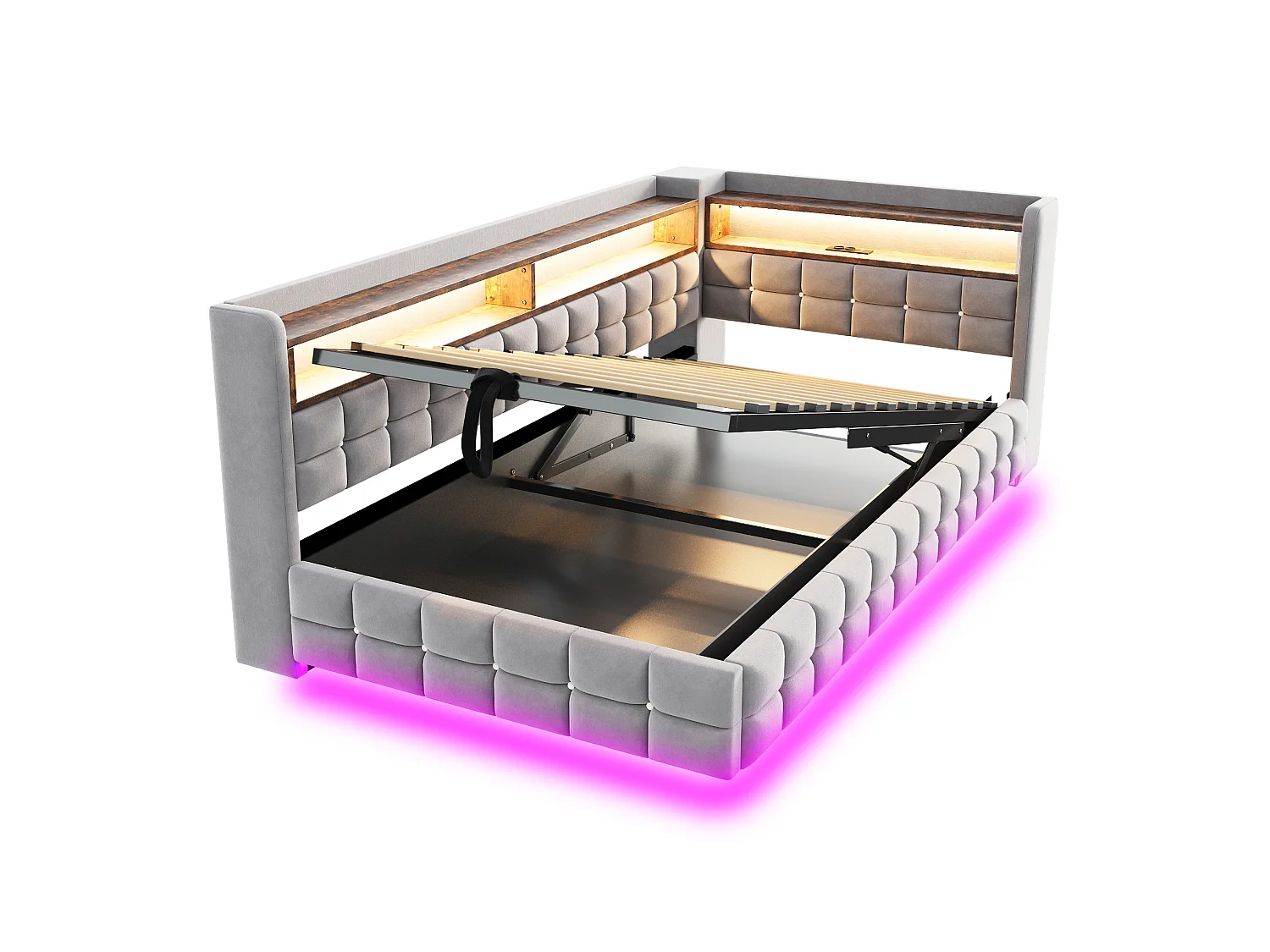Letto contenitore per bambini 90x200 cm in velluto con illuminazione a LED e presa di corrente - Grigio chiaro