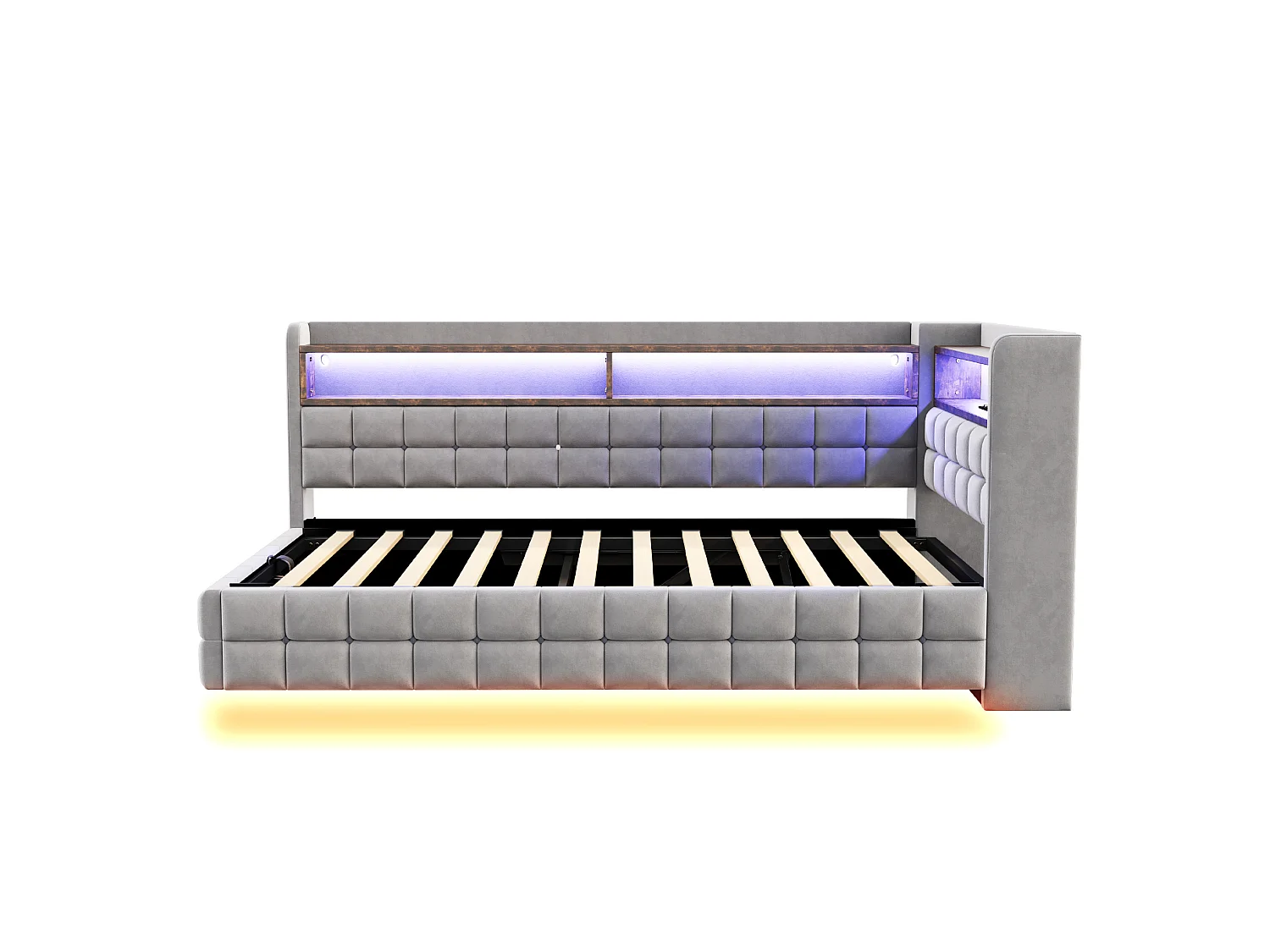 Letto contenitore per bambini 90x200 cm in velluto con illuminazione a LED e presa di corrente - Grigio chiaro