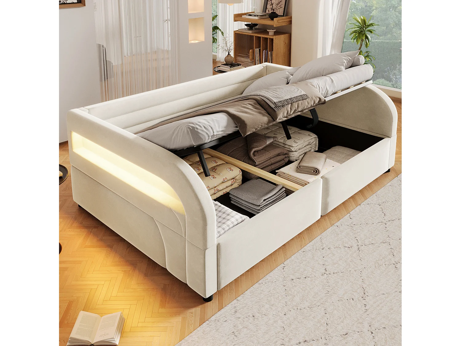Letto contenitore per adulti 140x200 cm con illuminazione a LED - Beige
