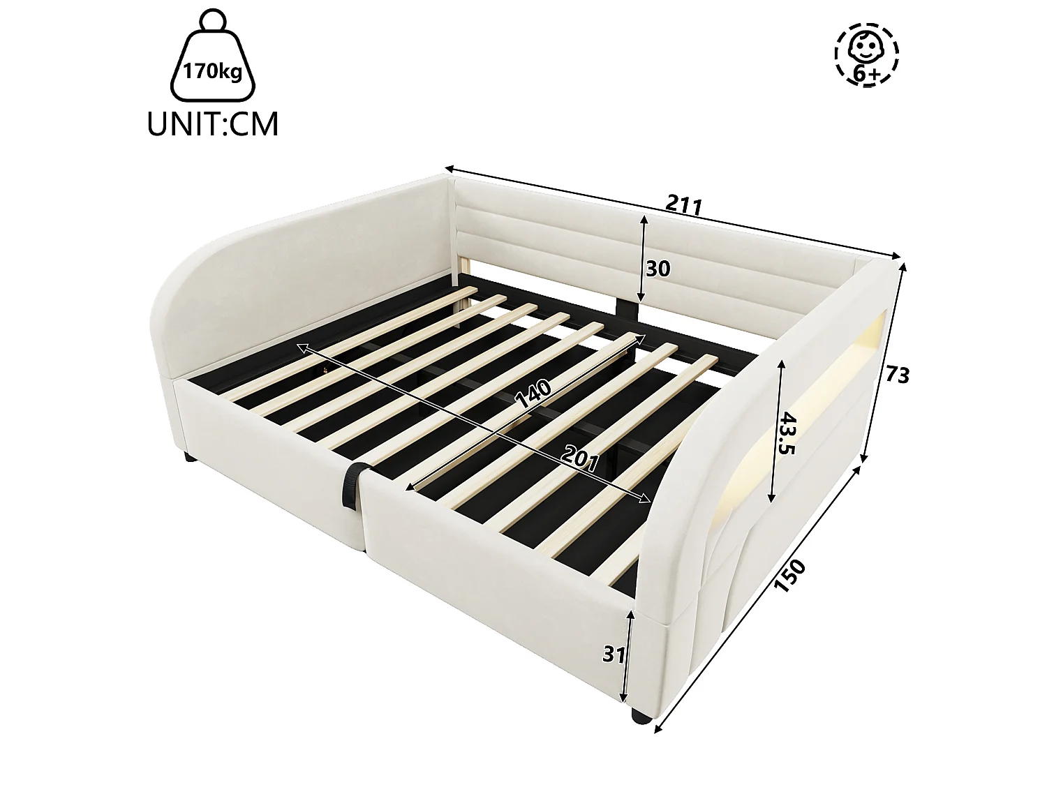 Letto contenitore per adulti 140x200 cm con illuminazione a LED - Beige