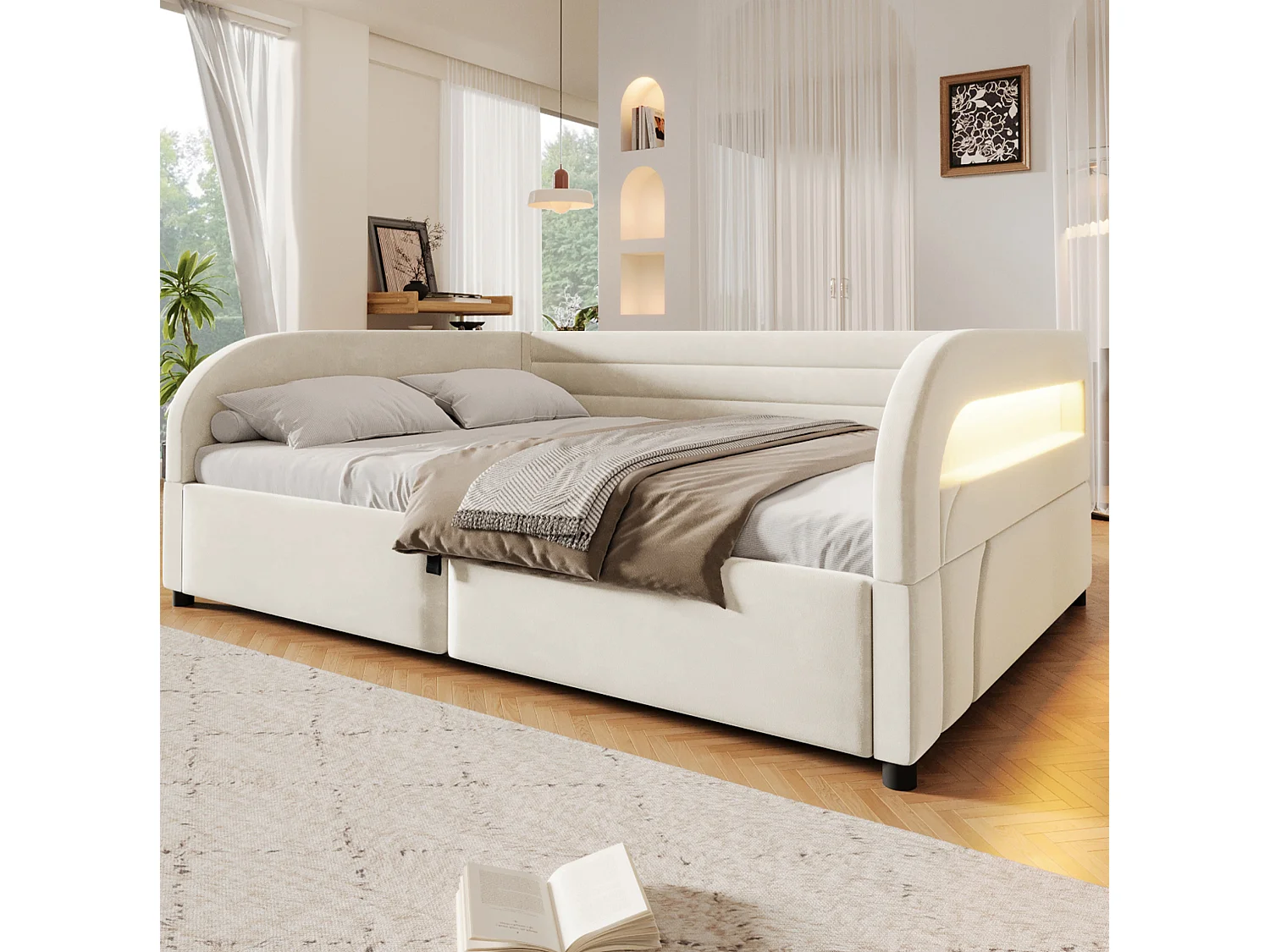Letto contenitore per adulti 140x200 cm con illuminazione a LED - Beige