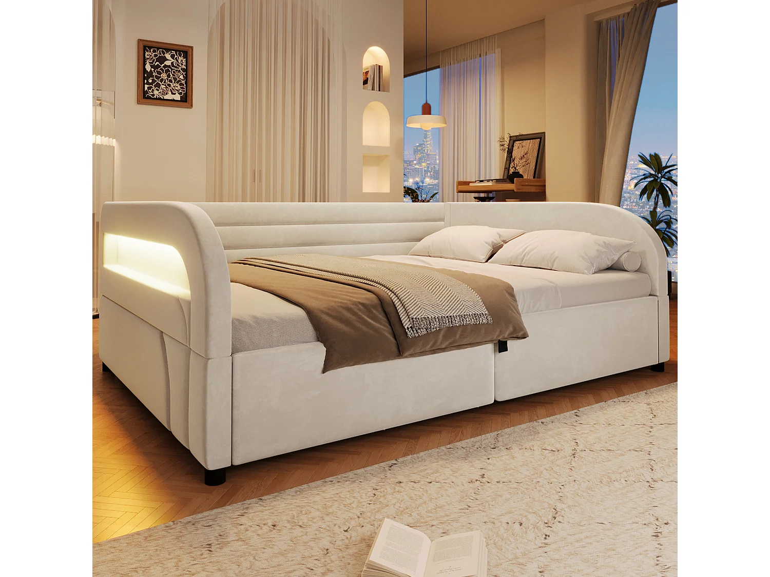 Letto contenitore per adulti 140x200 cm con illuminazione a LED - Beige