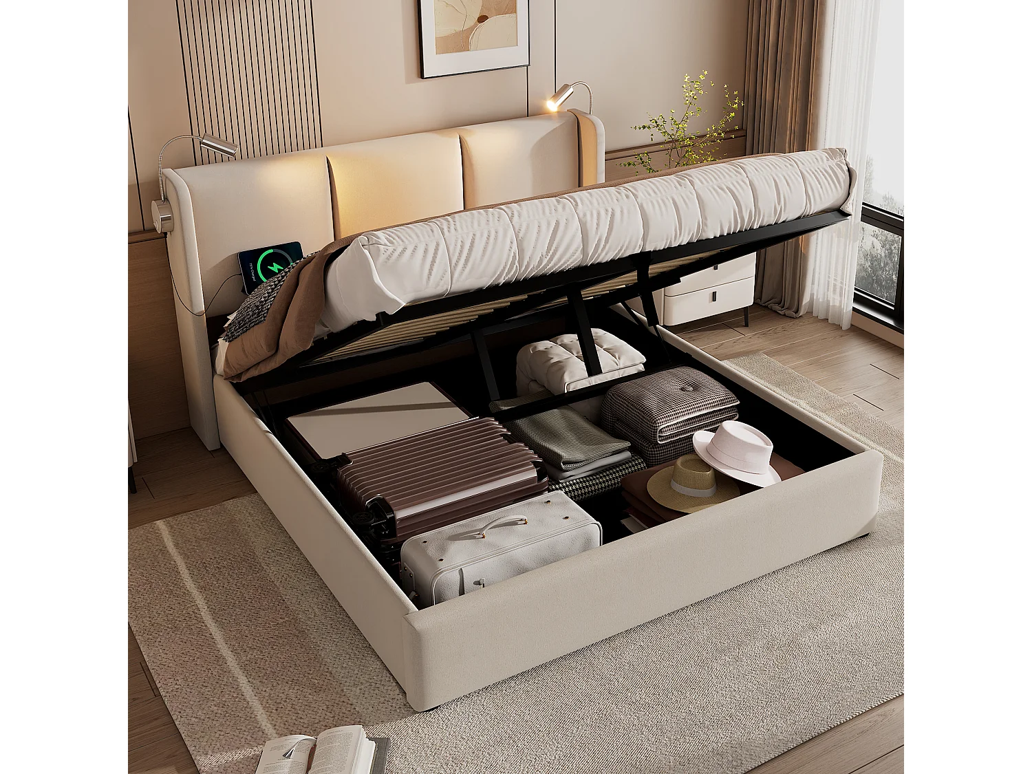 Letto matrimoniale contenitore (180x200 cm) con luci LED e porte USB – Lino beige