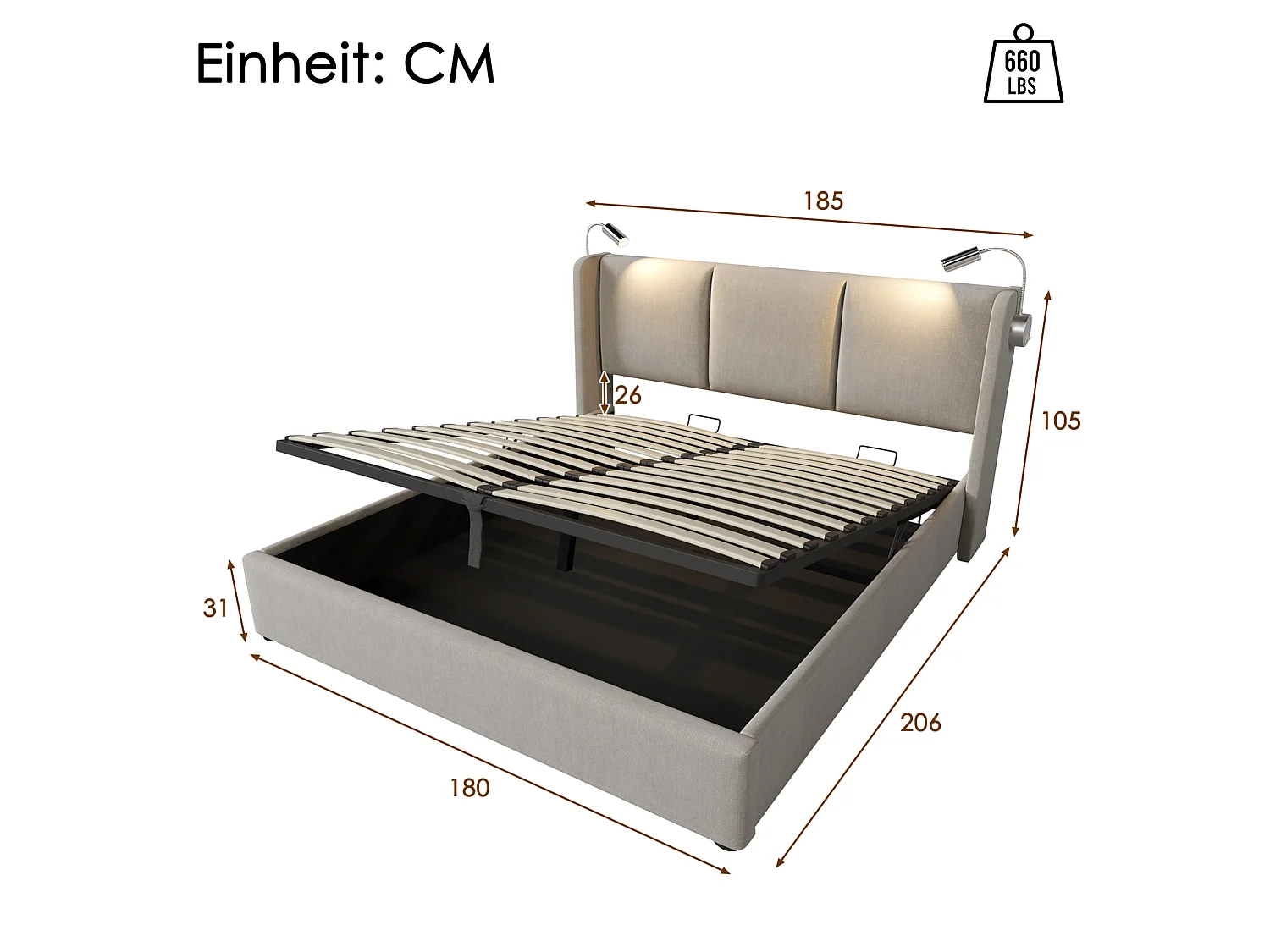Letto matrimoniale contenitore (180x200 cm) con luci LED e porte USB – Lino beige