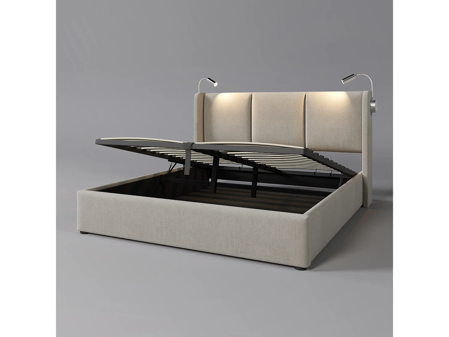 Letto matrimoniale contenitore (180x200 cm) con luci LED e porte USB – Lino beige