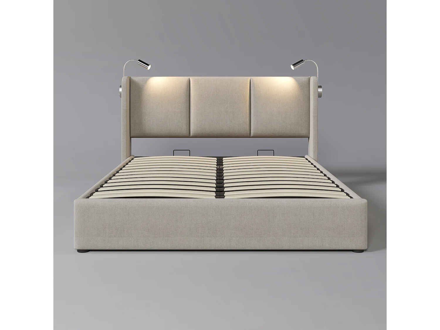 Letto matrimoniale contenitore (180x200 cm) con luci LED e porte USB – Lino beige