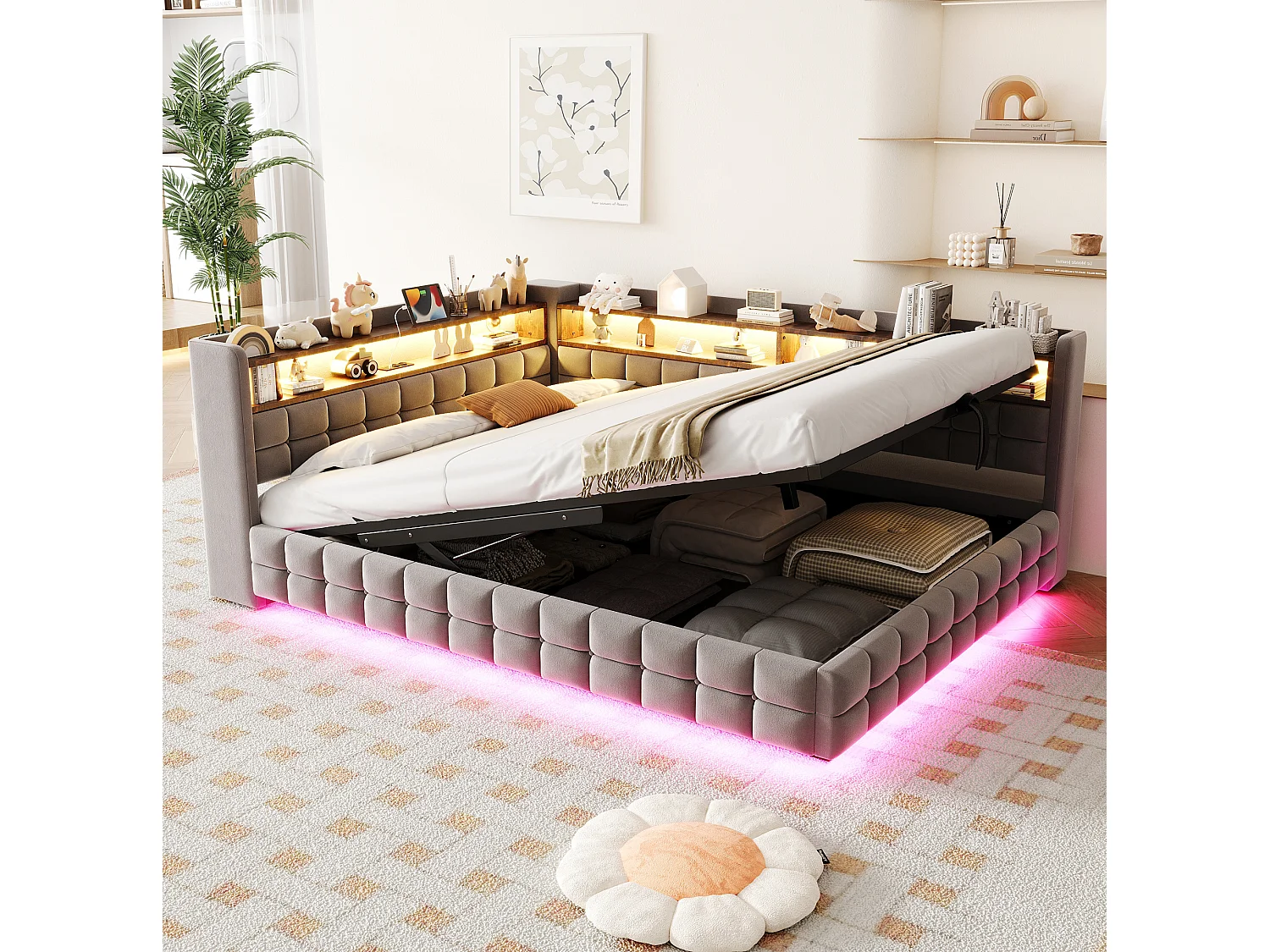 Letto contenitore per adulti 140x200 cm con illuminazione a LED e presa di corrente - Velluto grigio chiaro e legno