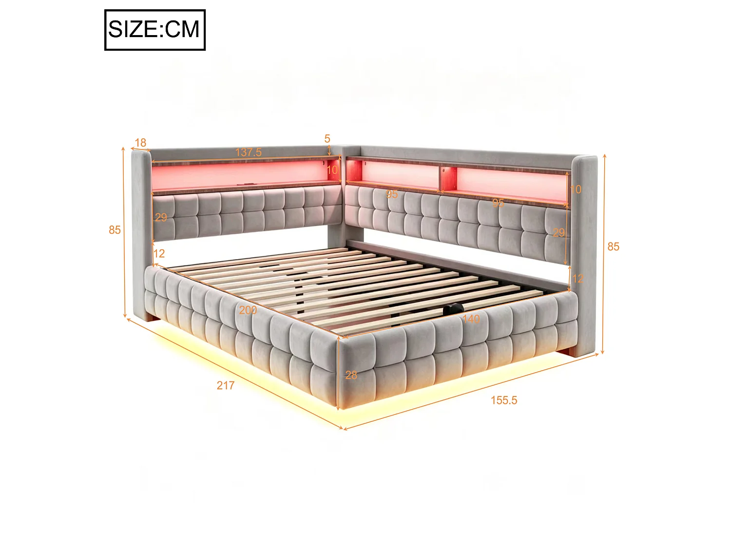 Letto contenitore per adulti 140x200 cm con illuminazione a LED e presa di corrente - Velluto grigio chiaro e legno