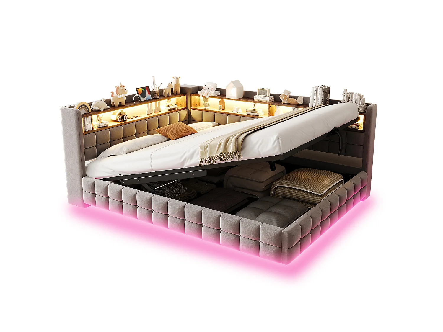 Letto contenitore per adulti 140x200 cm con illuminazione a LED e presa di corrente - Velluto grigio chiaro e legno