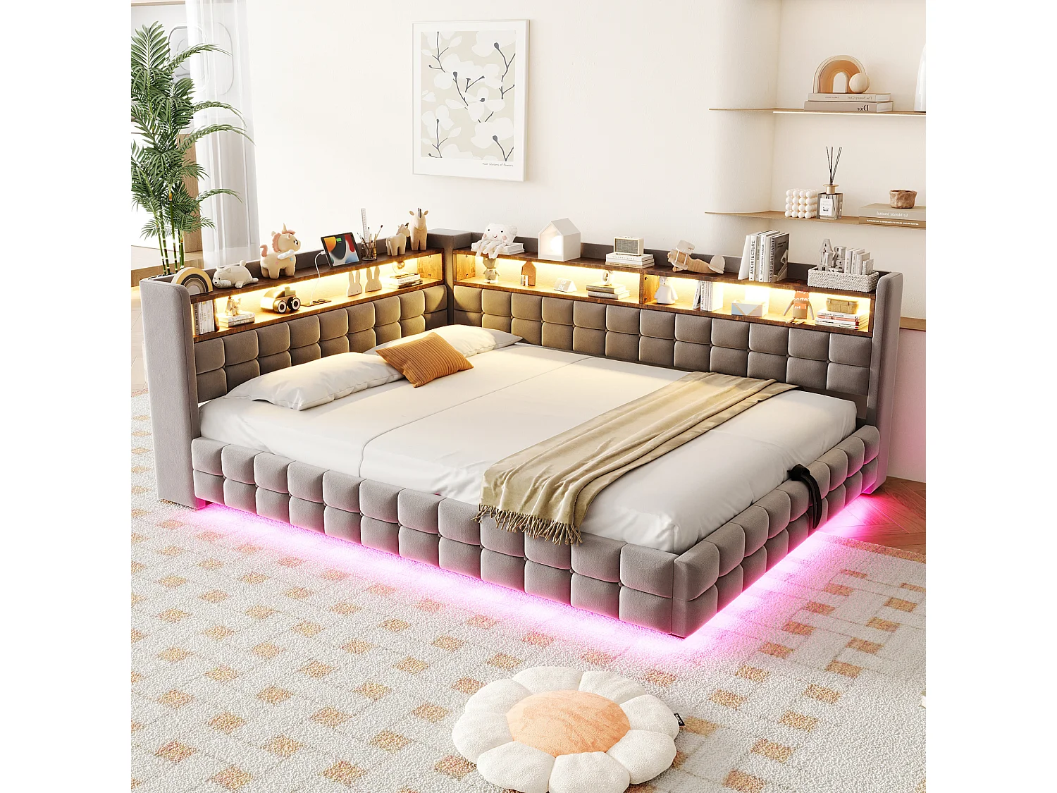 Letto contenitore per adulti 140x200 cm con illuminazione a LED e presa di corrente - Velluto grigio chiaro e legno