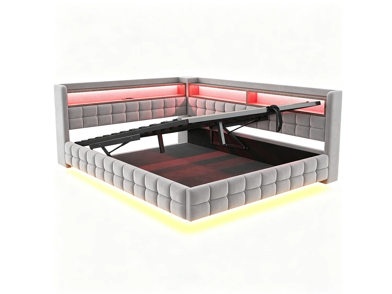 Letto contenitore per adulti 140x200 cm con illuminazione a LED e presa di corrente - Velluto grigio chiaro e legno
