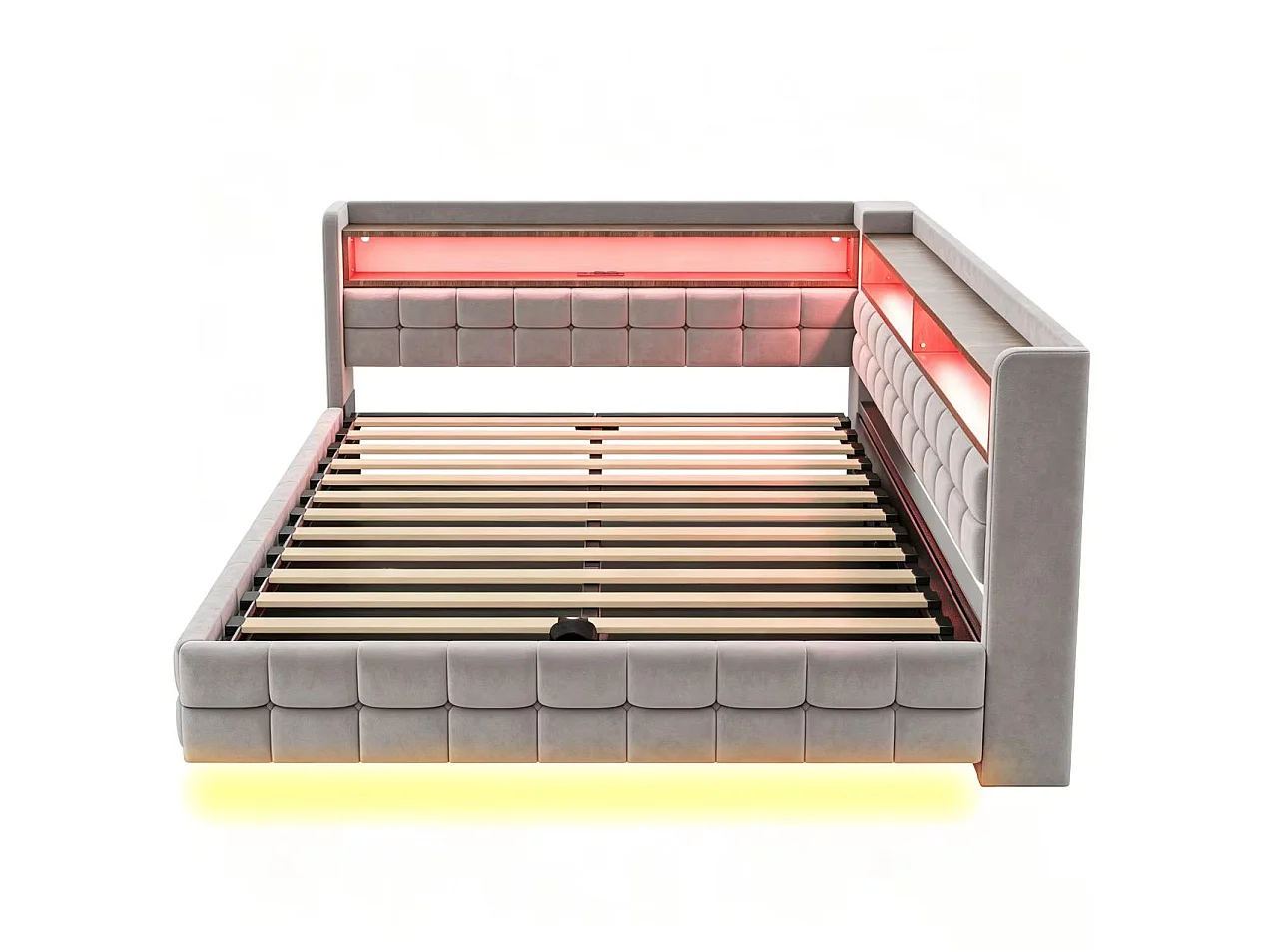 Letto contenitore per adulti 140x200 cm con illuminazione a LED e presa di corrente - Velluto grigio chiaro e legno
