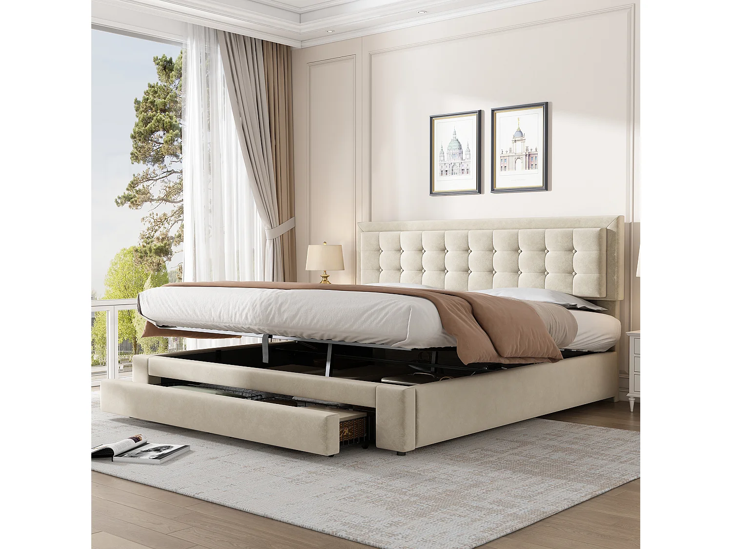 Lit coffre 160x200 velours beige, tête capitonnée, 2 tiroirs, sommier lattes, lit double