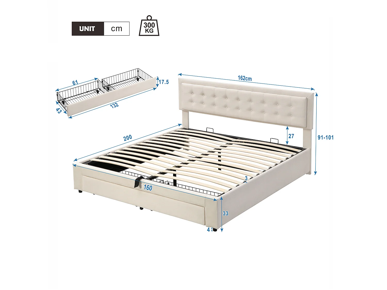 Lit coffre 160x200 velours beige, tête capitonnée, 2 tiroirs, sommier lattes, lit double