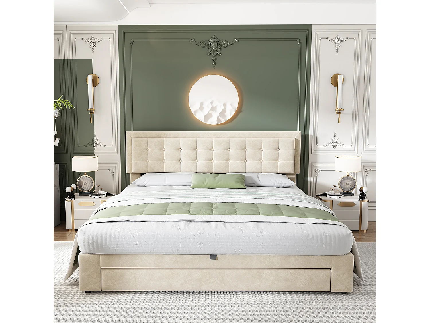 Lit coffre 160x200 velours beige, tête capitonnée, 2 tiroirs, sommier lattes, lit double
