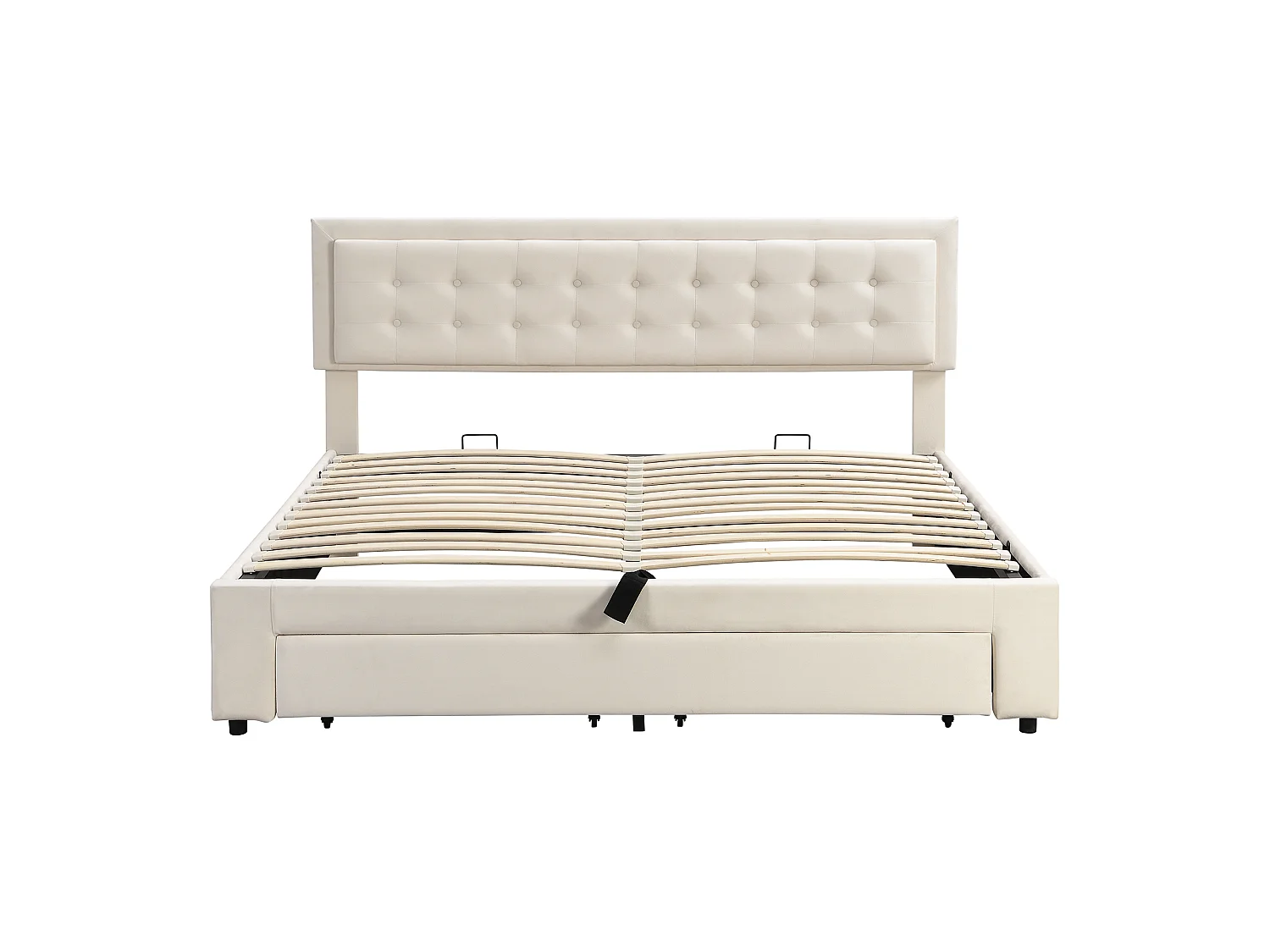 Lit coffre 160x200 velours beige, tête capitonnée, 2 tiroirs, sommier lattes, lit double