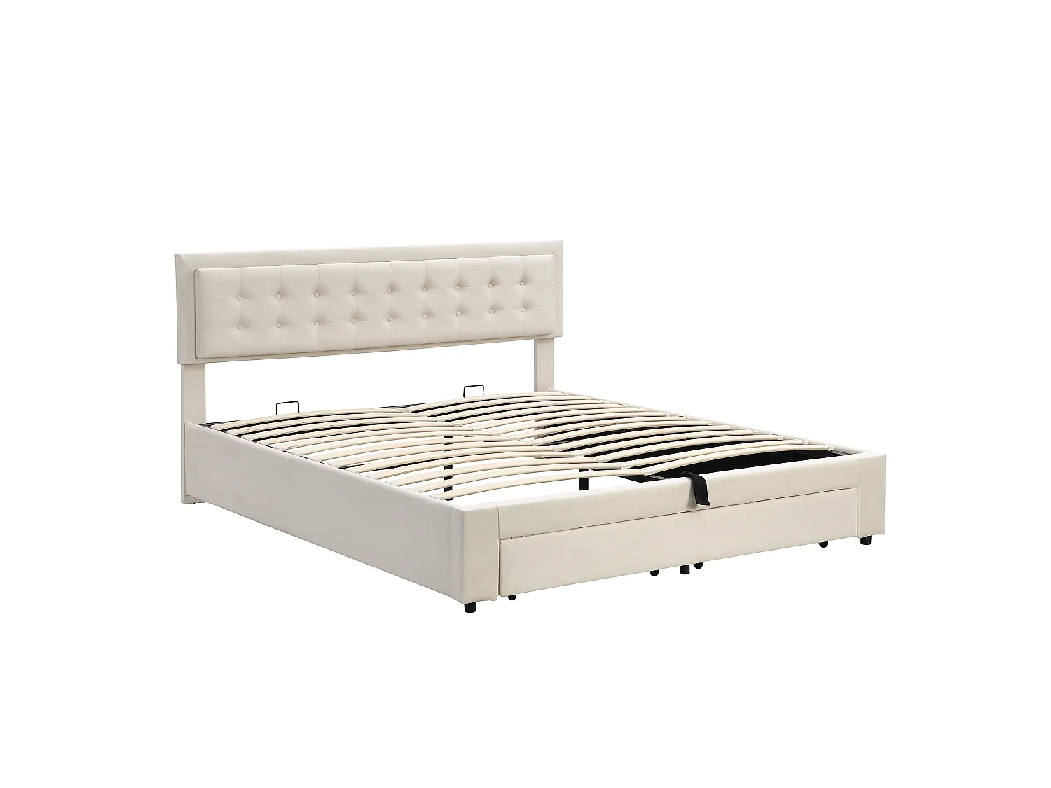 Lit coffre 160x200 velours beige, tête capitonnée, 2 tiroirs, sommier lattes, lit double