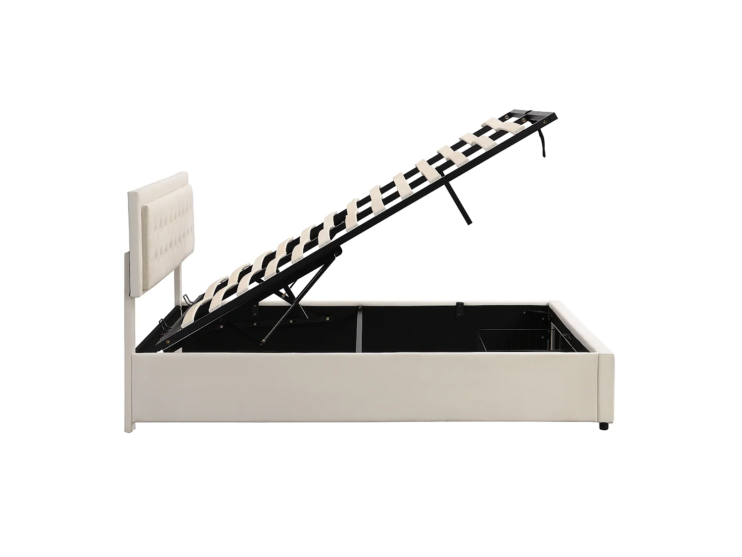 Lit coffre 160x200 velours beige, tête capitonnée, 2 tiroirs, sommier lattes, lit double