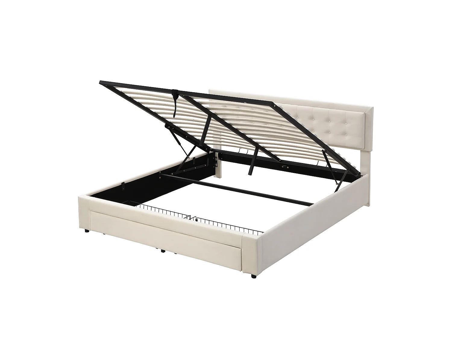 Lit coffre 160x200 velours beige, tête capitonnée, 2 tiroirs, sommier lattes, lit double