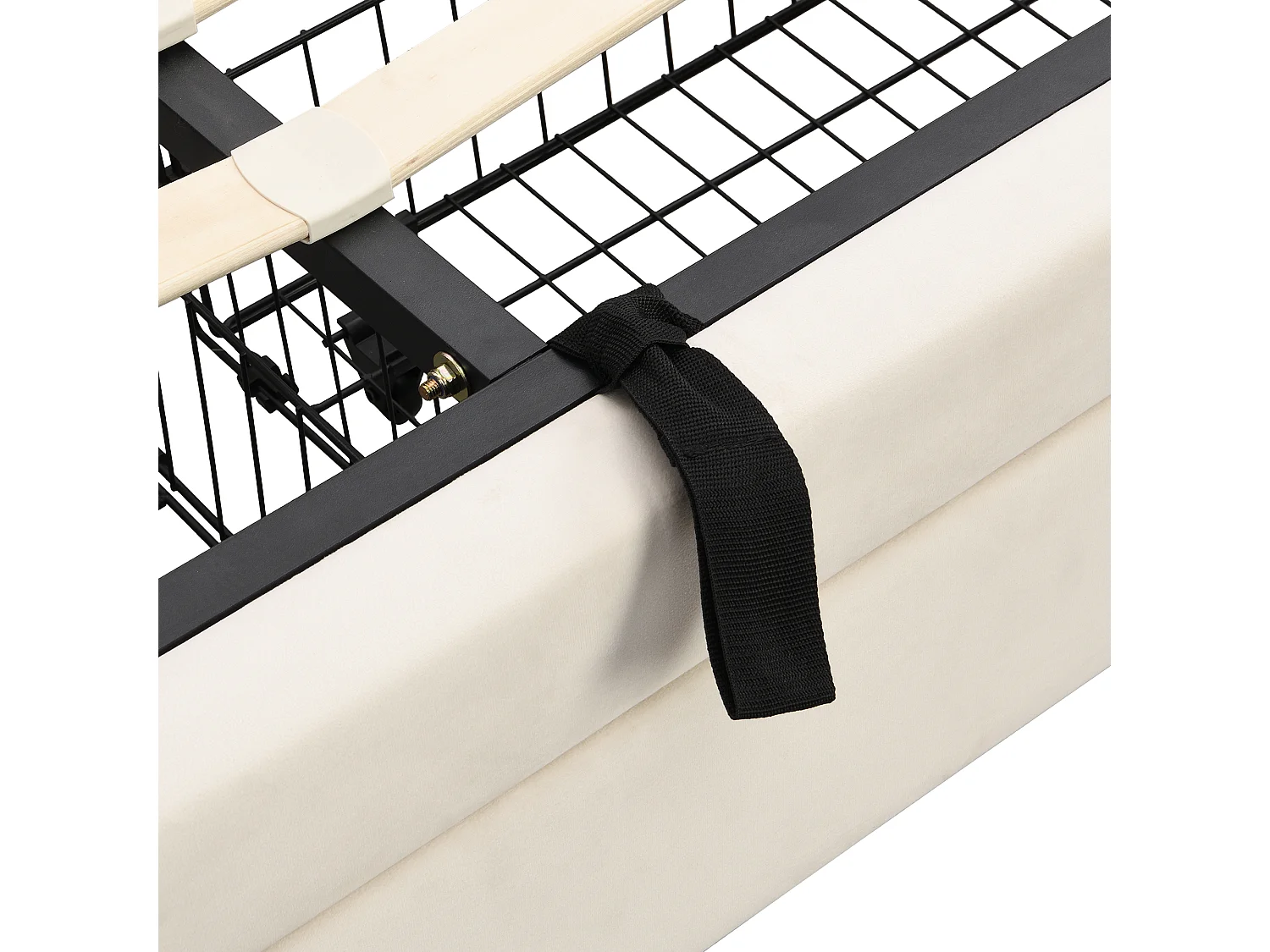 Lit coffre 160x200 velours beige, tête capitonnée, 2 tiroirs, sommier lattes, lit double