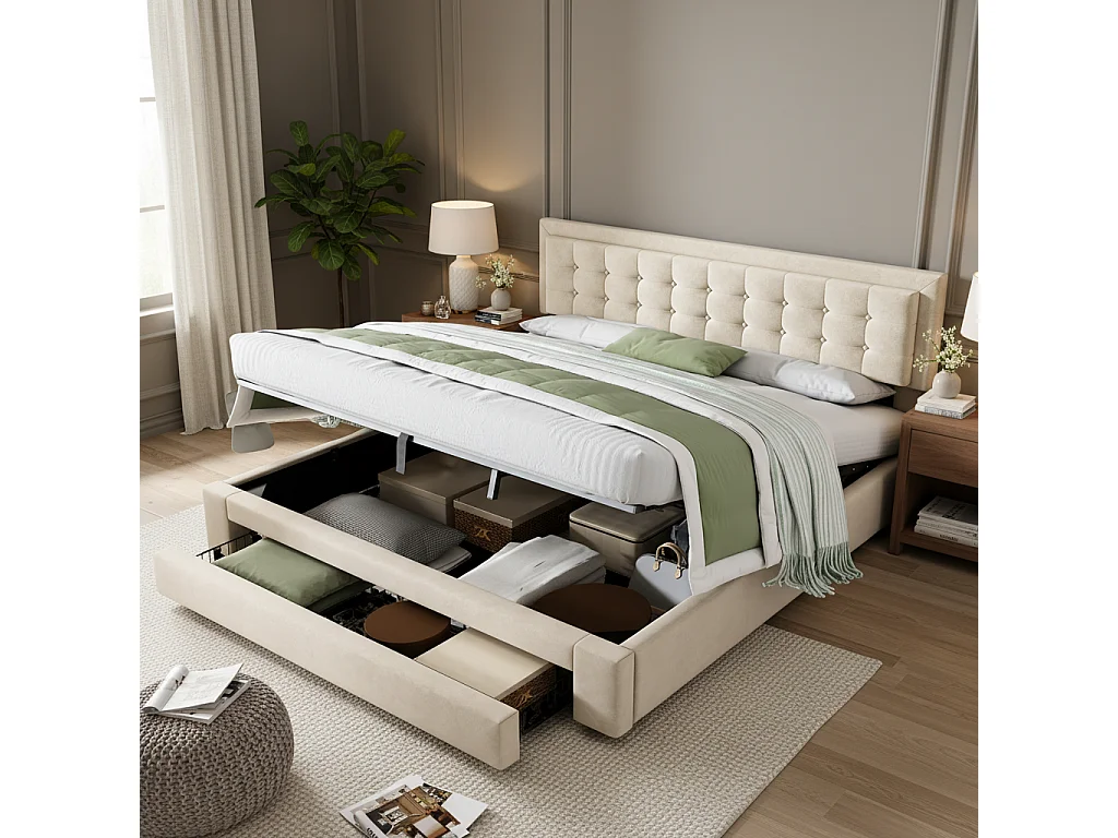 Lit coffre 160x200 velours beige, tête capitonnée, 2 tiroirs, sommier lattes, lit double