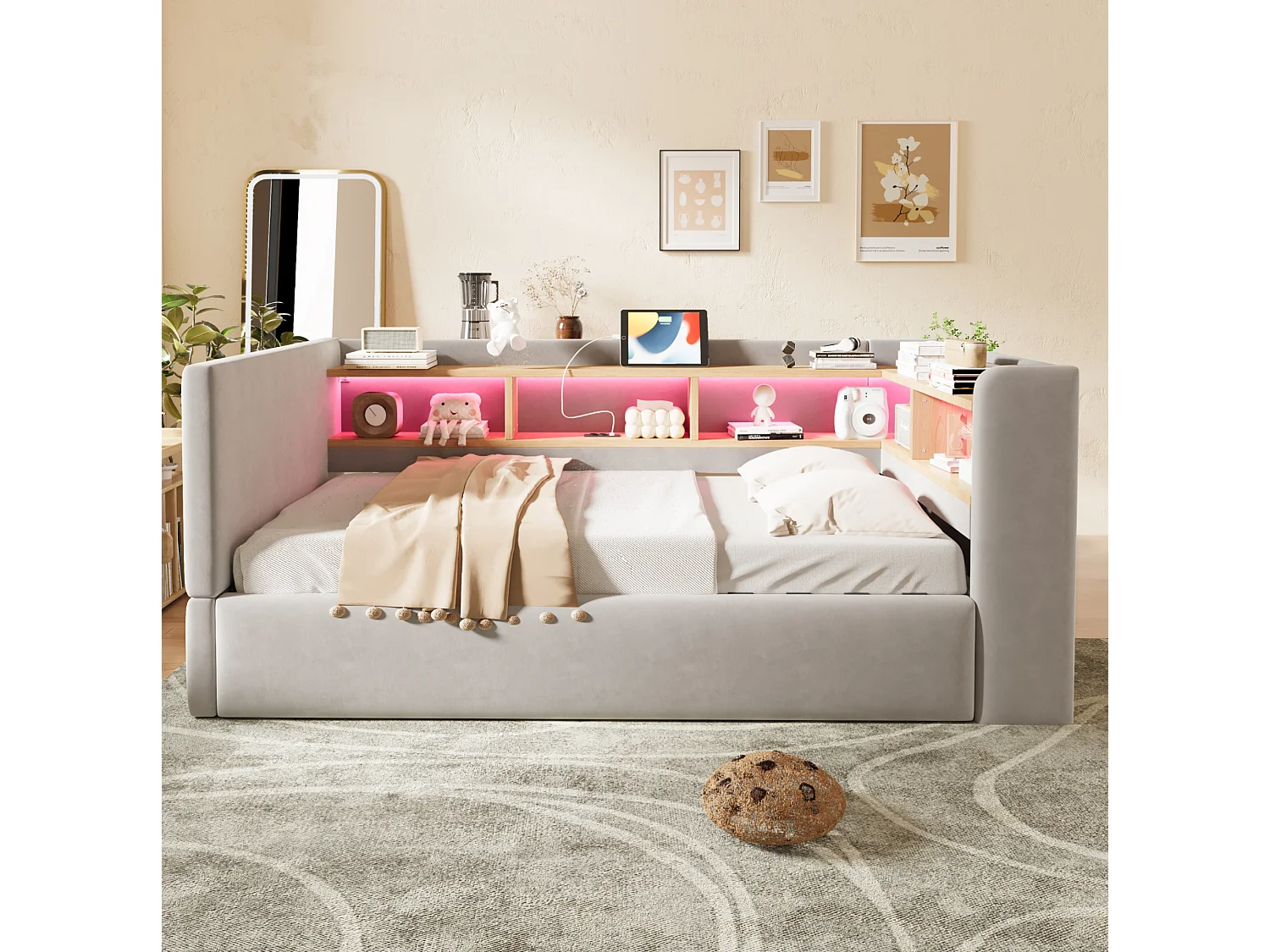 Lit coffre enfant 90x190 cm avec LED, prise et rangements - Lit banquette en tissu gris clair