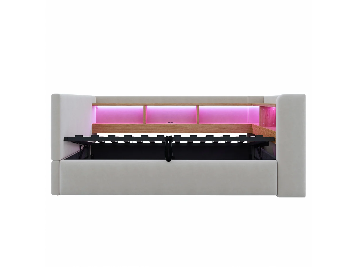 Lit coffre enfant 90x190 cm avec LED, prise et rangements - Lit banquette en tissu gris clair