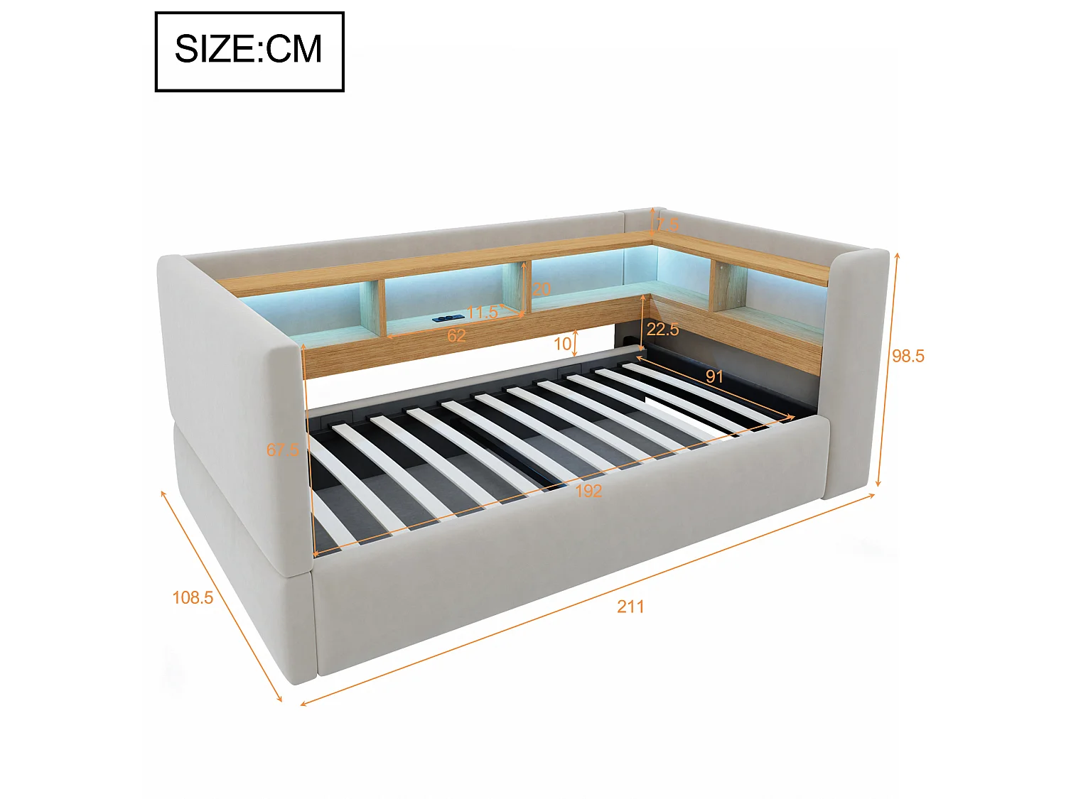 Lit coffre enfant 90x190 cm avec LED, prise et rangements - Lit banquette en tissu gris clair